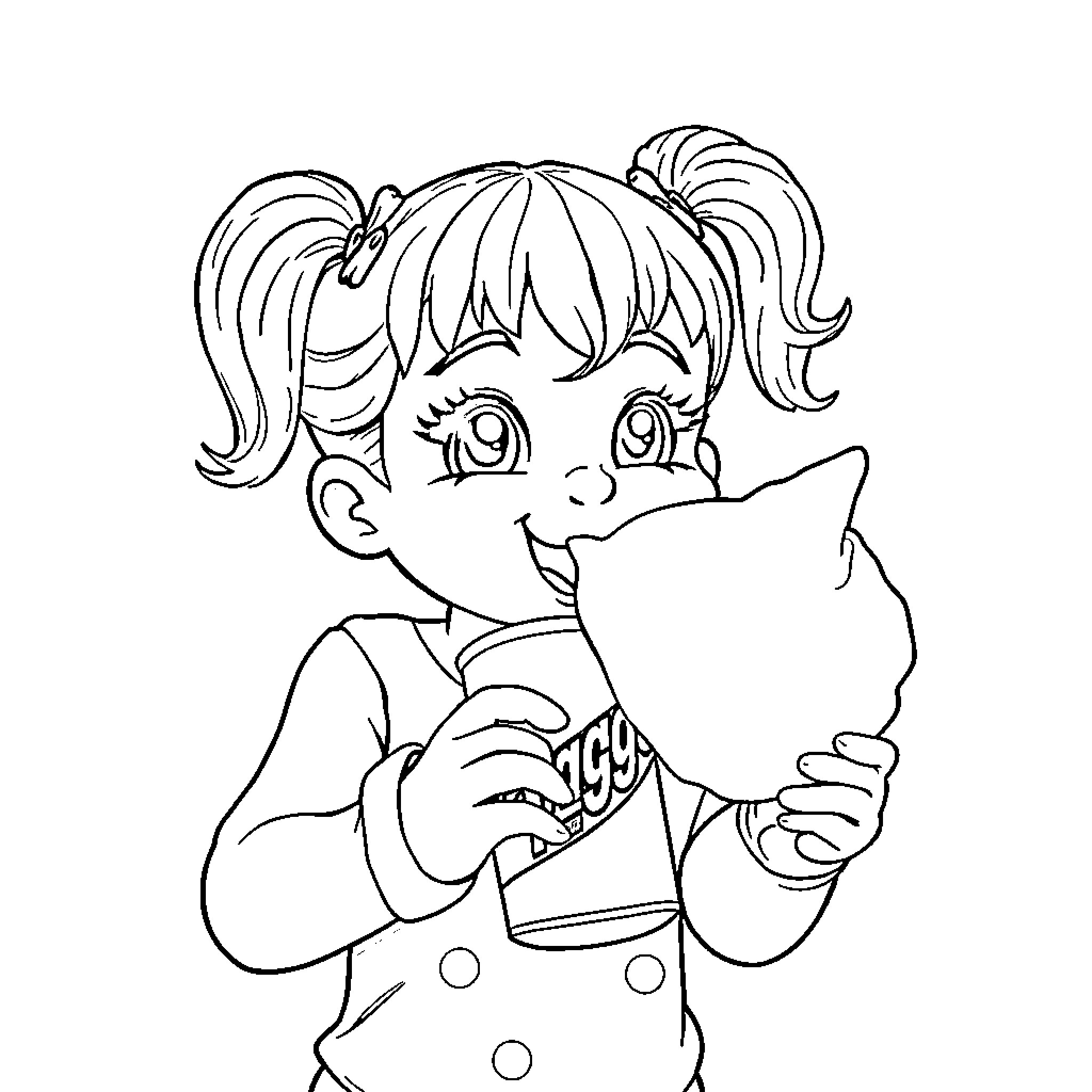 Juggalette playing with a pet kitten Coloring Page (free black-and-white line drawing printable PDF for all, from beginners to advanced learners, including children, teens, adults, and seniors)