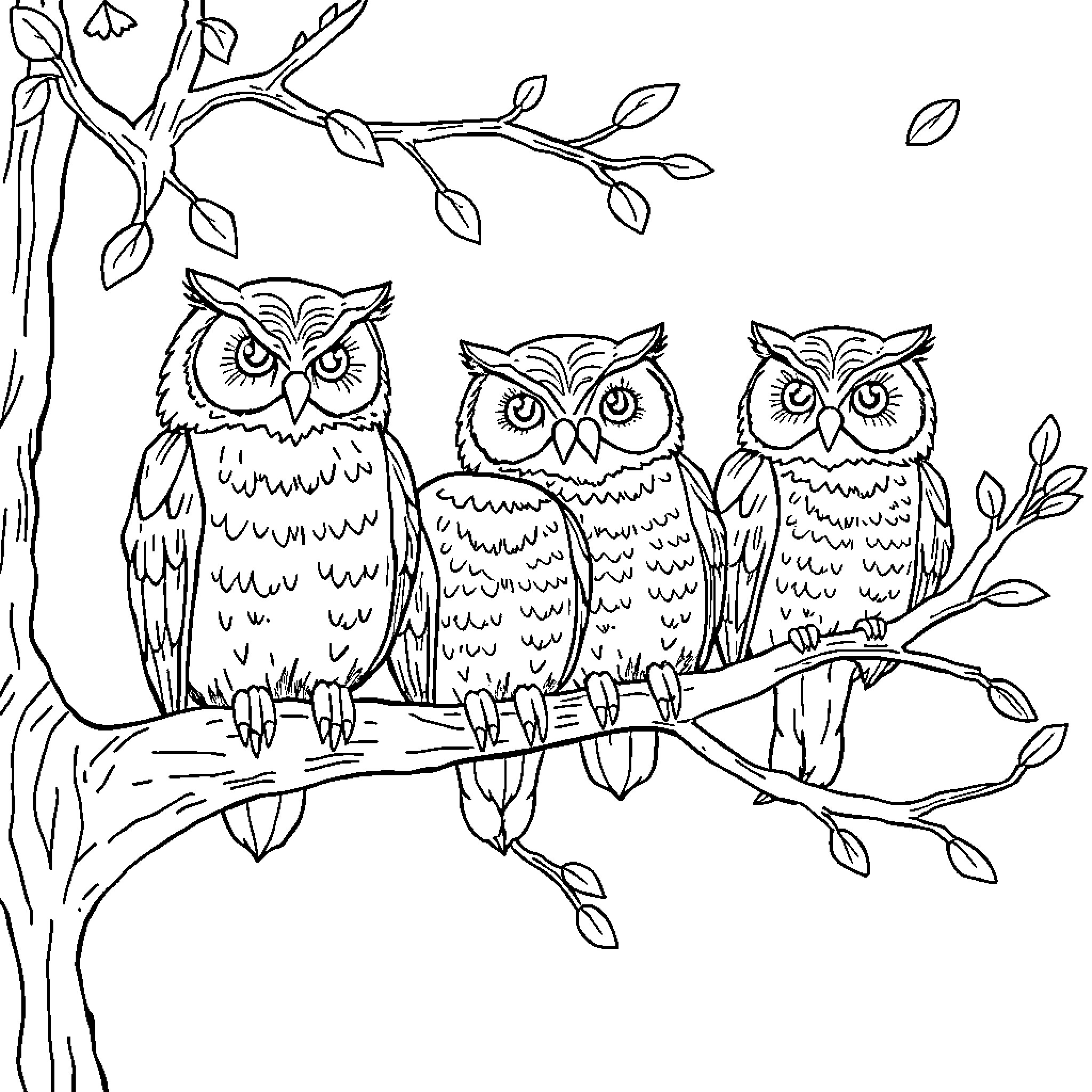 Owl trio perched on tree branch Coloring Page (free black-and-white line drawing printable PDF for all, from beginners to advanced learners, including children, teens, adults, and seniors)