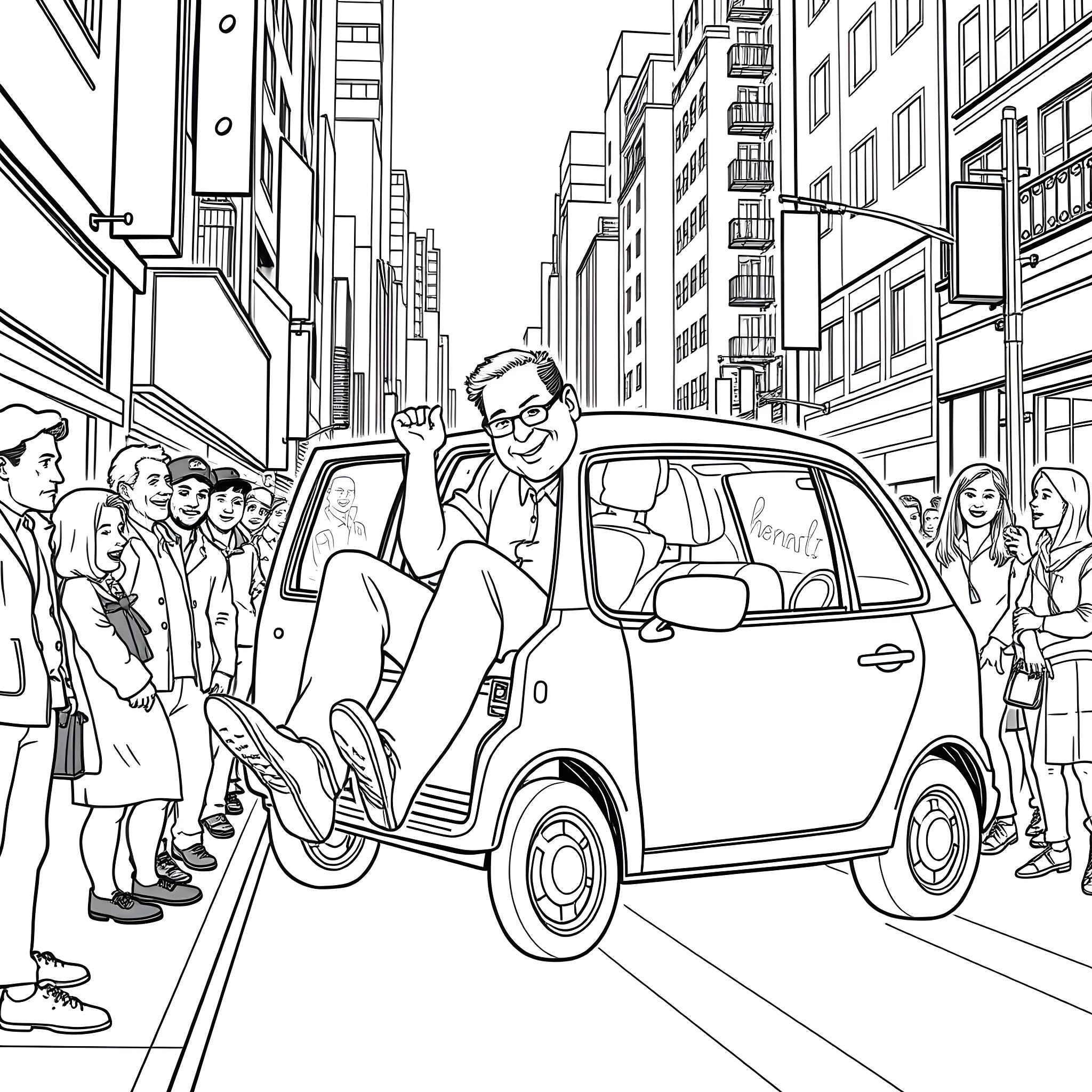 Man exiting car in bustling city street Coloring Page (free black-and-white line drawing printable PDF for all, from beginners to advanced learners, including children, teens, adults, and seniors)