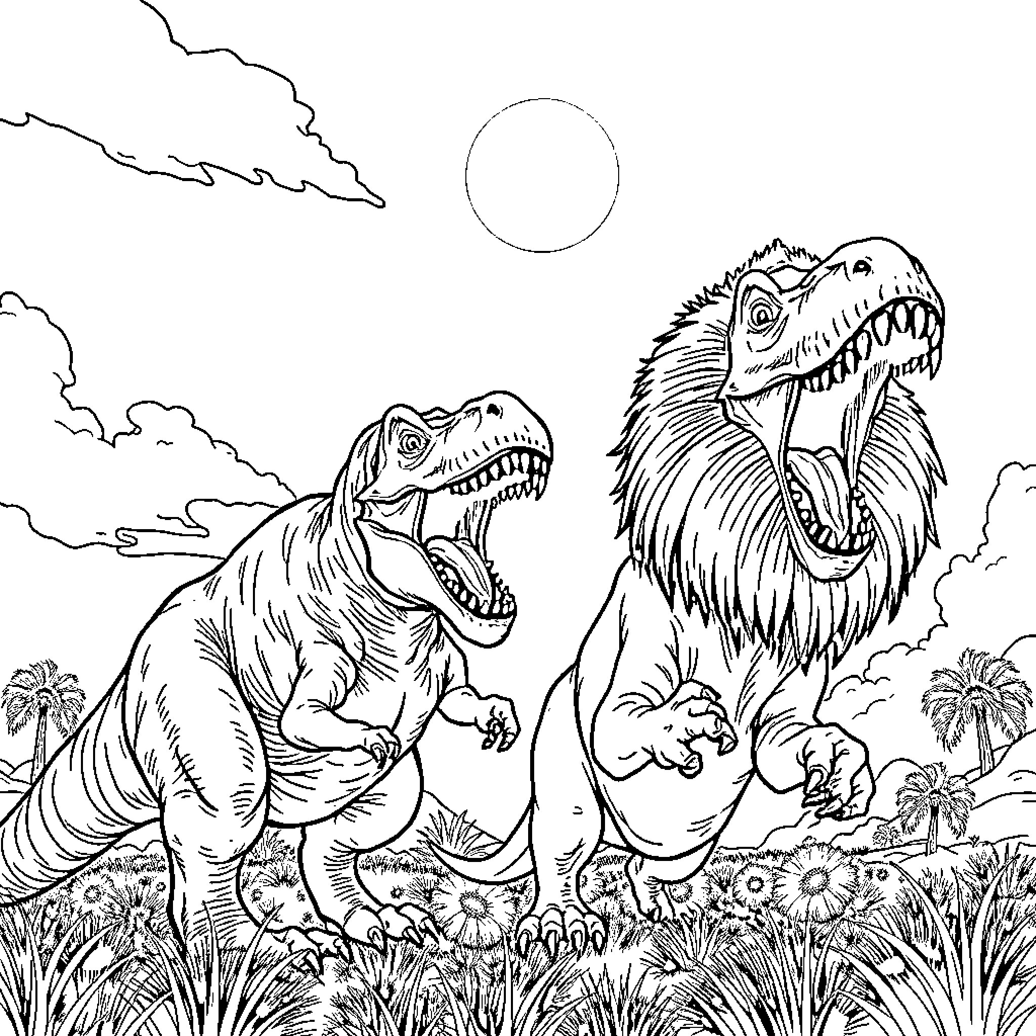 Tyrannosaurus Dinosaurs Roaring in Prehistoric Landscape Coloring Page (free black-and-white line drawing printable PDF for all, from beginners to advanced learners, including children, teens, adults, and seniors)