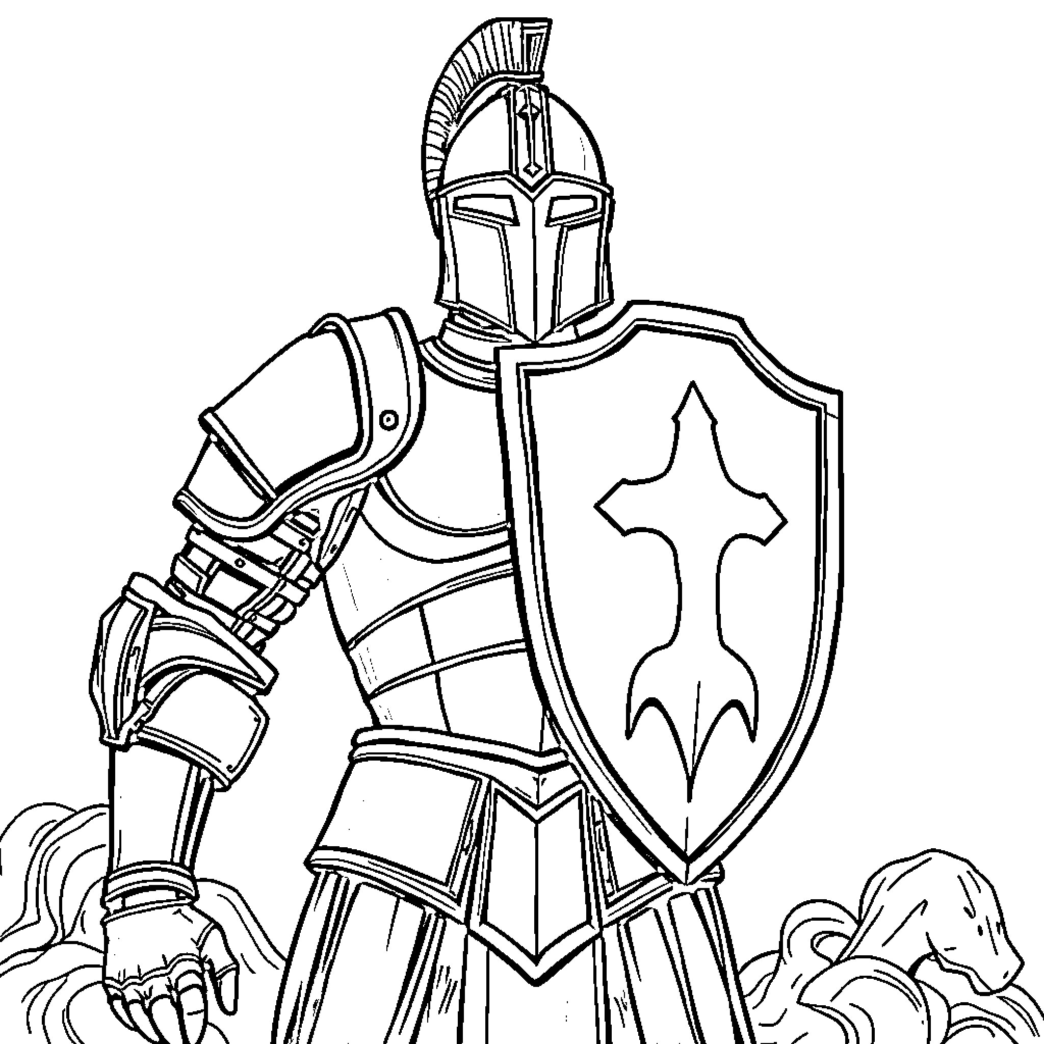 Armor-clad knight with shield and weapon Coloring Page (free black-and-white line drawing printable PDF for all, from beginners to advanced learners, including children, teens, adults, and seniors)