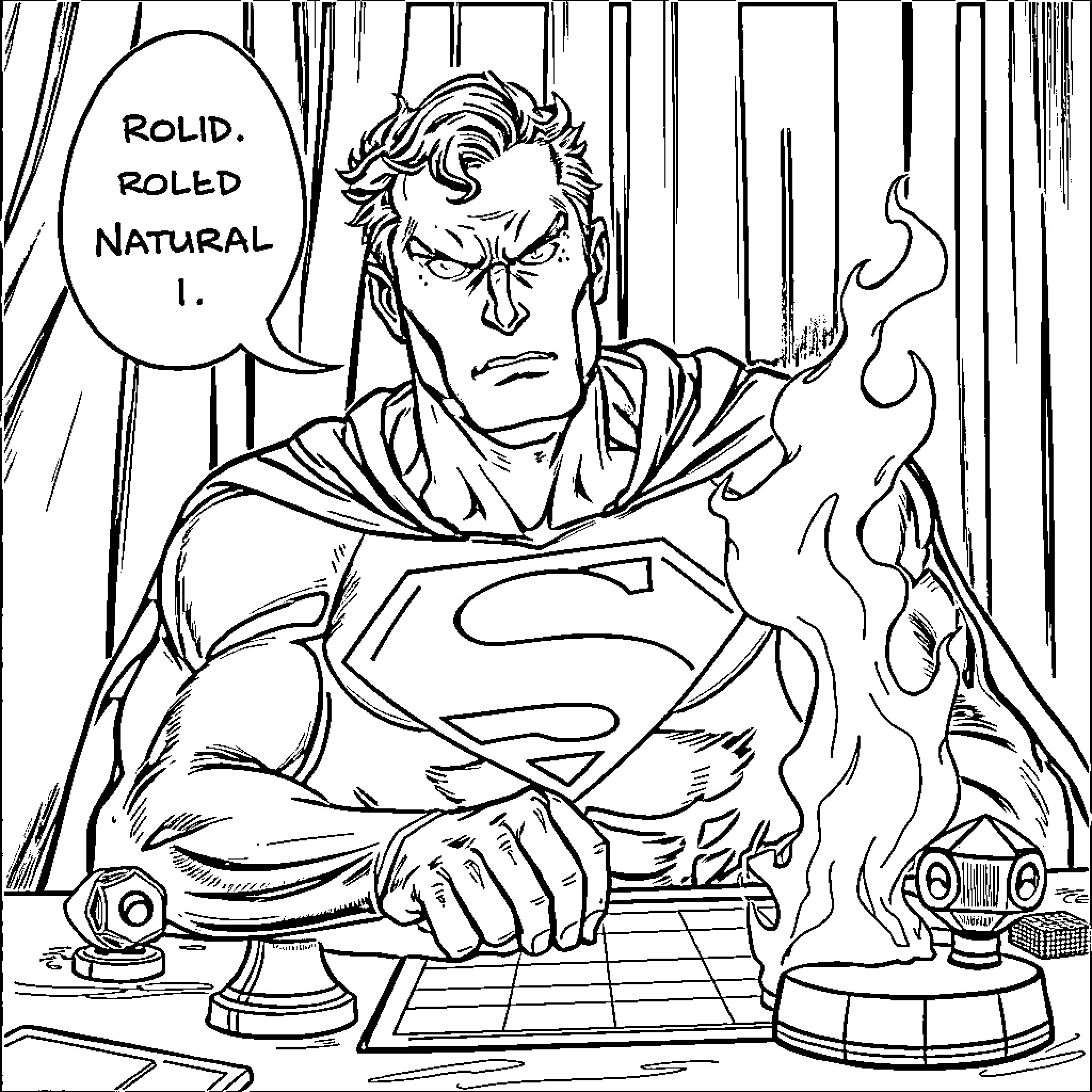 Superman Displeased with 'Rolid, Roled Natural' Issue Coloring Page (free black-and-white line drawing printable PDF for all, from beginners to advanced learners, including children, teens, adults, and seniors)