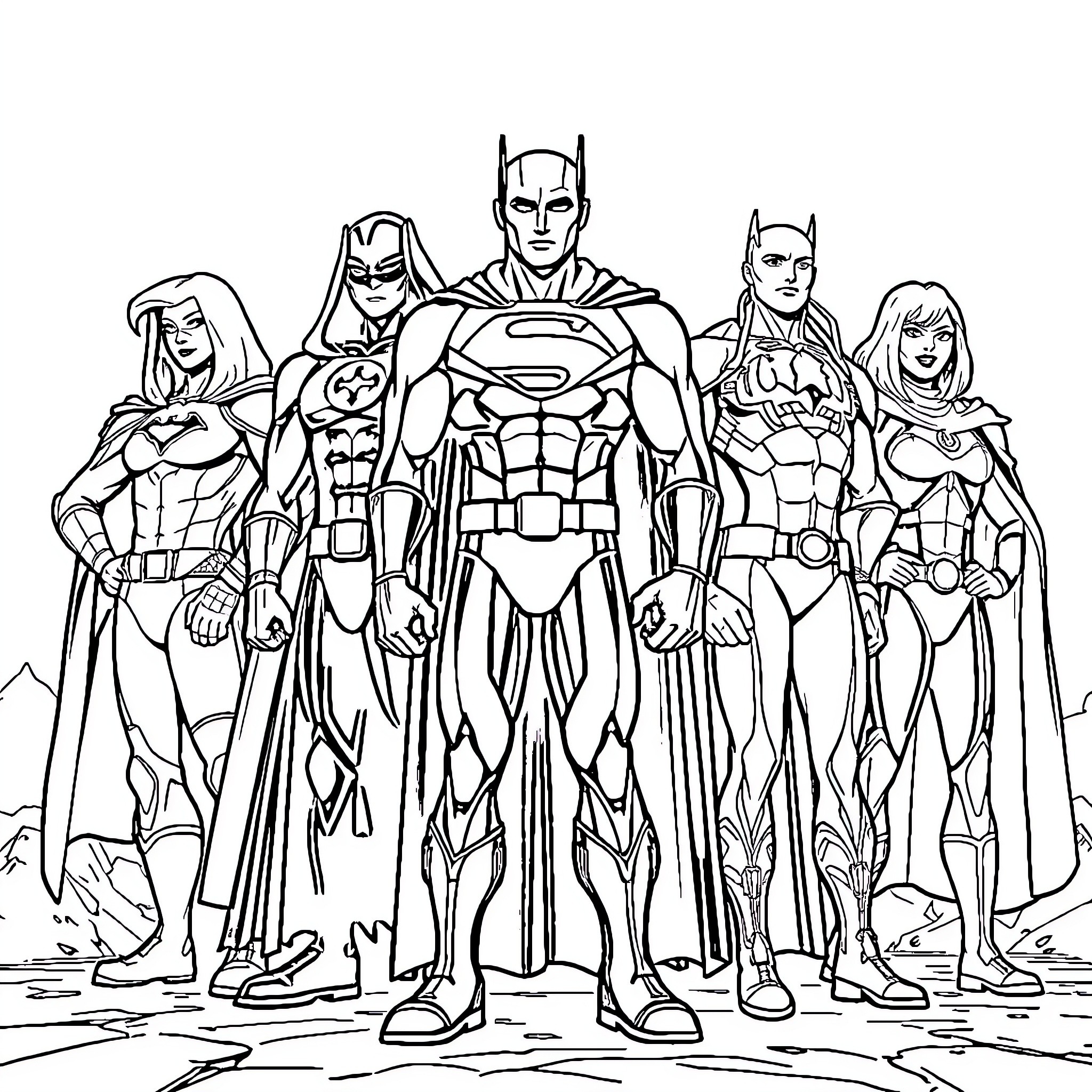 Hero Superhero Team in Action Poses Coloring Page (free black-and-white line drawing printable PDF for all, from beginners to advanced learners, including children, teens, adults, and seniors)