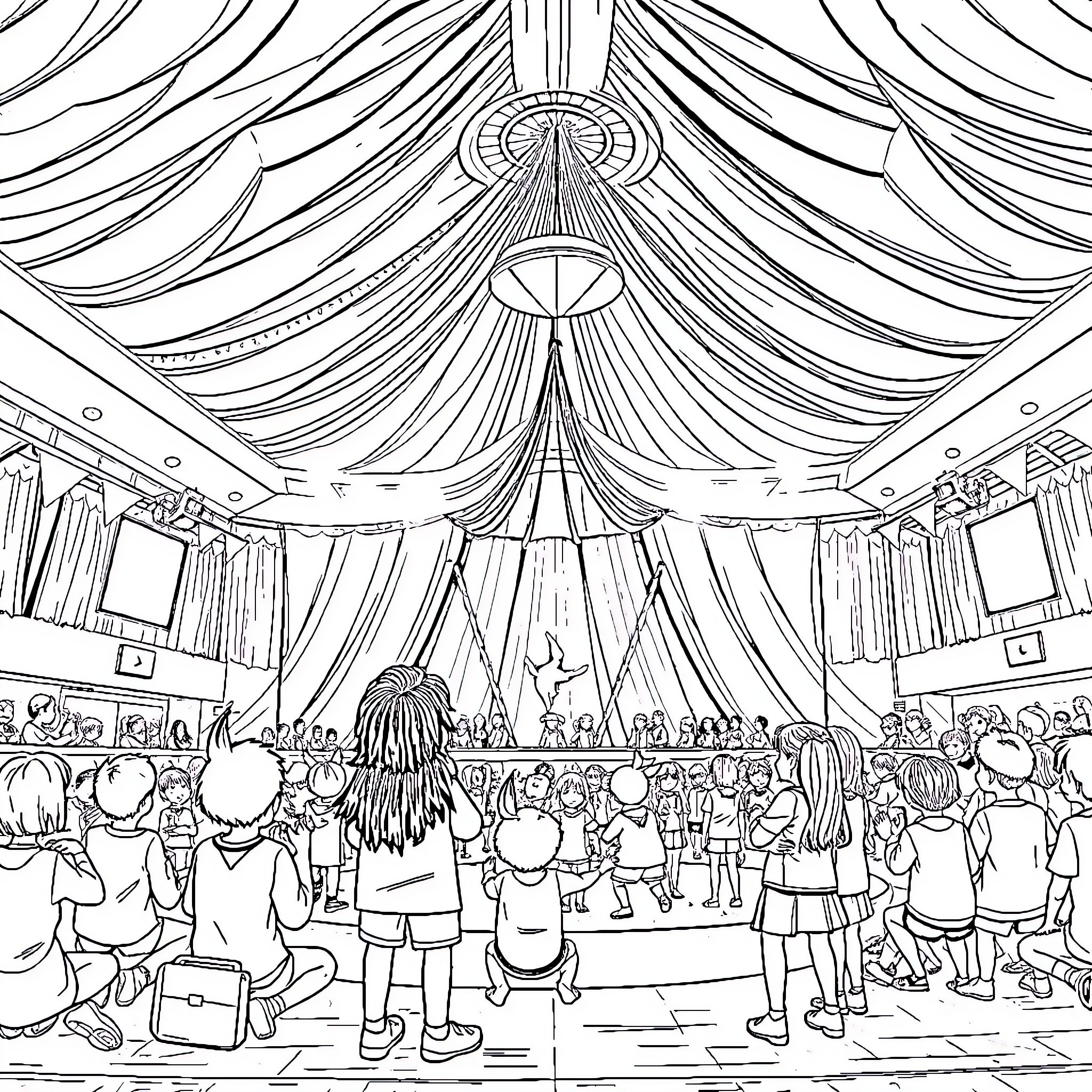 Circus performance with elaborate stage and audience Coloring Page (free black-and-white line drawing printable PDF for all, from beginners to advanced learners, including children, teens, adults, and seniors)