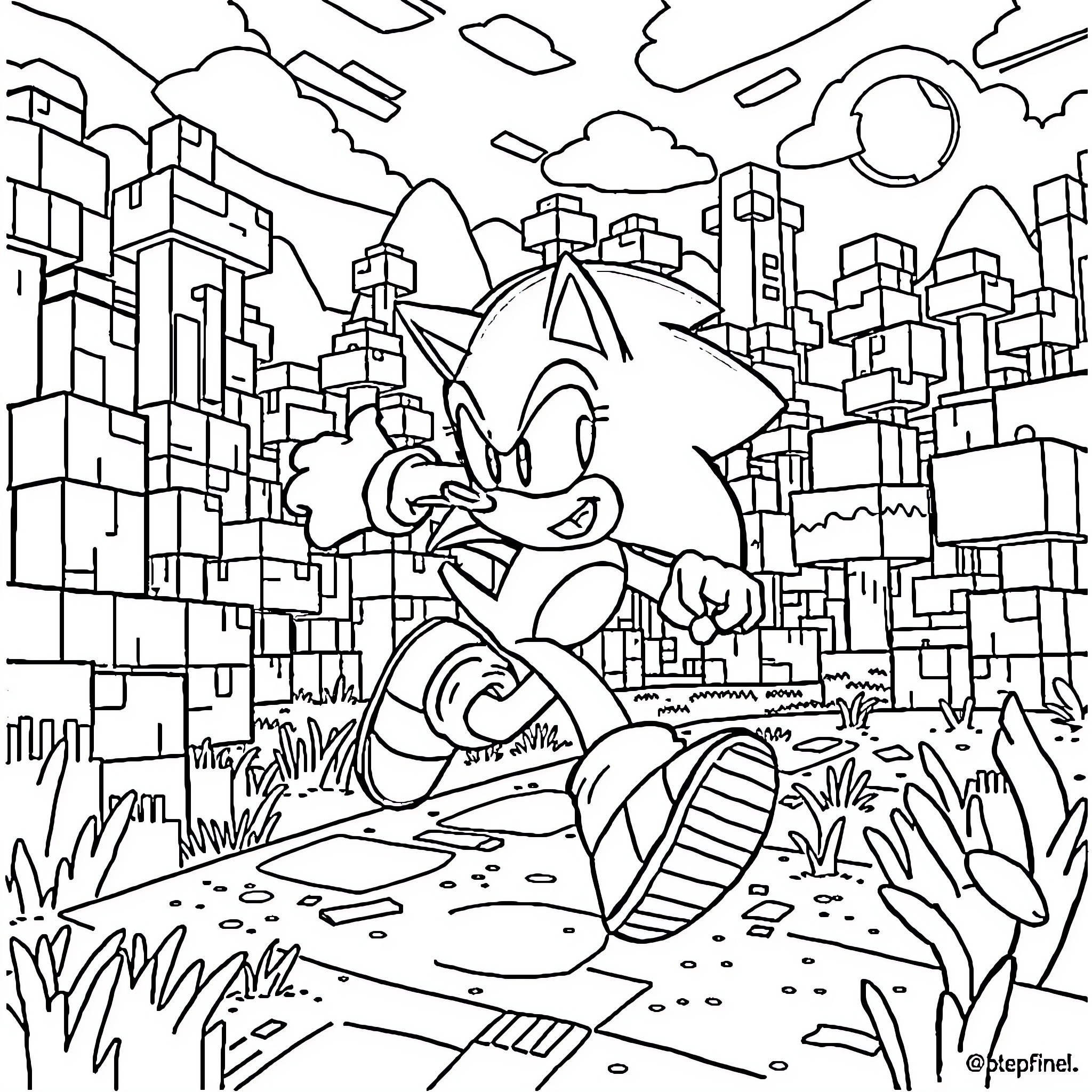 Sonic racing through futuristic city landscape Coloring Page (free black-and-white line drawing printable PDF for all, from beginners to advanced learners, including children, teens, adults, and seniors)