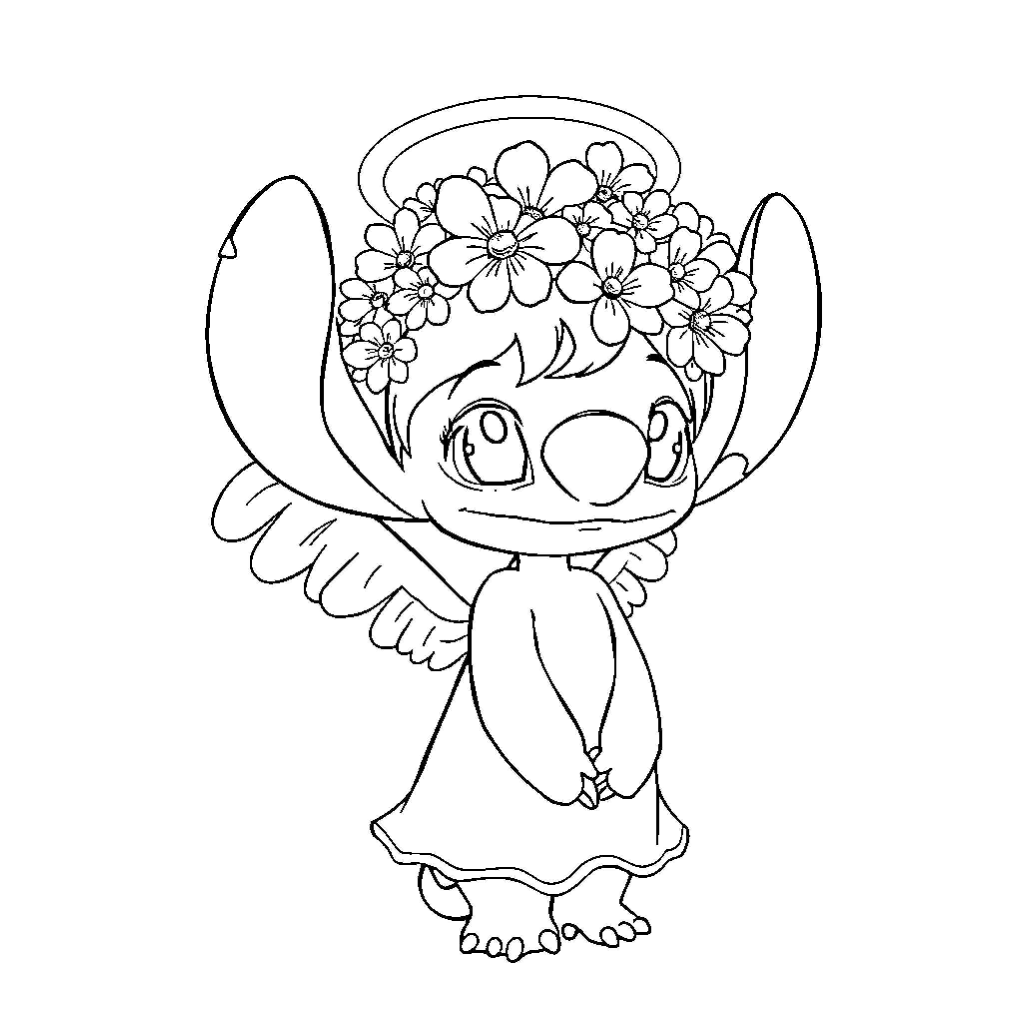 Angel with Floral Headpiece and Whimsical Expression Coloring Page (free black-and-white line drawing printable PDF for all, from beginners to advanced learners, including children, teens, adults, and seniors)
