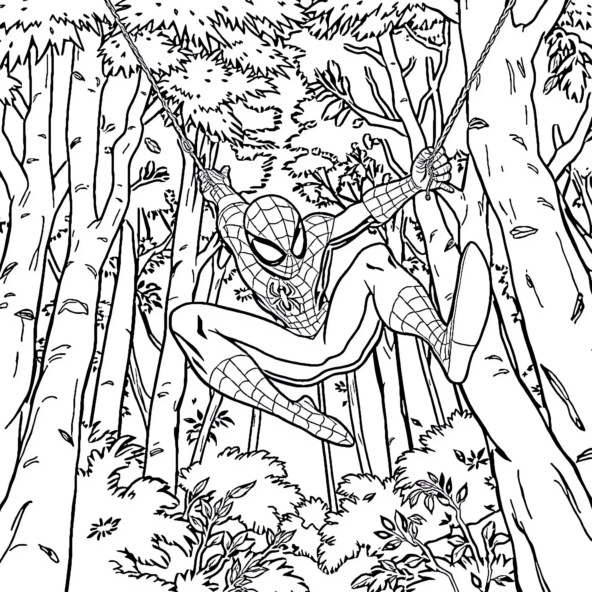 Tamania: Spider-Man swinging through the forest Coloring Page (free black-and-white line drawing printable PDF for all, from beginners to advanced learners, including children, teens, adults, and seniors)