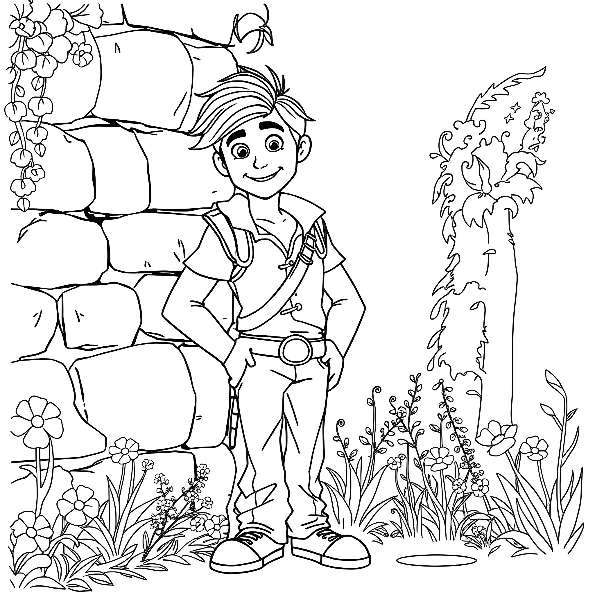Prince exploring the enchanting garden Coloring Page (free black-and-white line drawing printable PDF for all, from beginners to advanced learners, including children, teens, adults, and seniors)