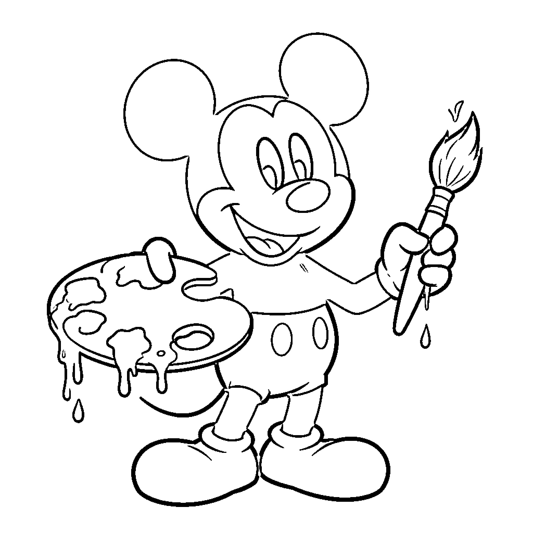 Mickey Mouse holding a paint palette and brush Coloring Page (free black-and-white line drawing printable PDF for all, from beginners to advanced learners, including children, teens, adults, and seniors)