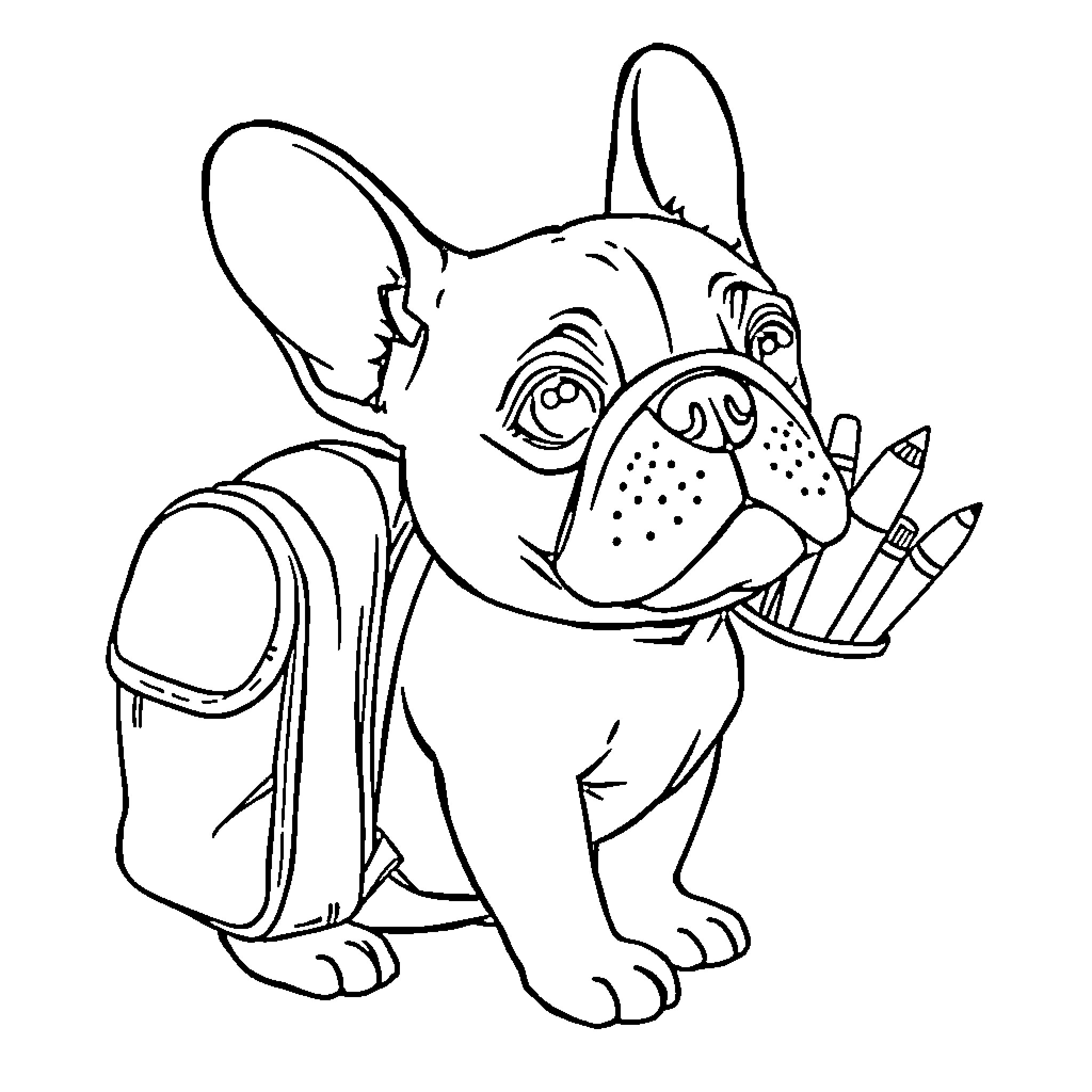 French Bulldog Puppy Wearing School Backpack Coloring Page (free black-and-white line drawing printable PDF for all, from beginners to advanced learners, including children, teens, adults, and seniors)