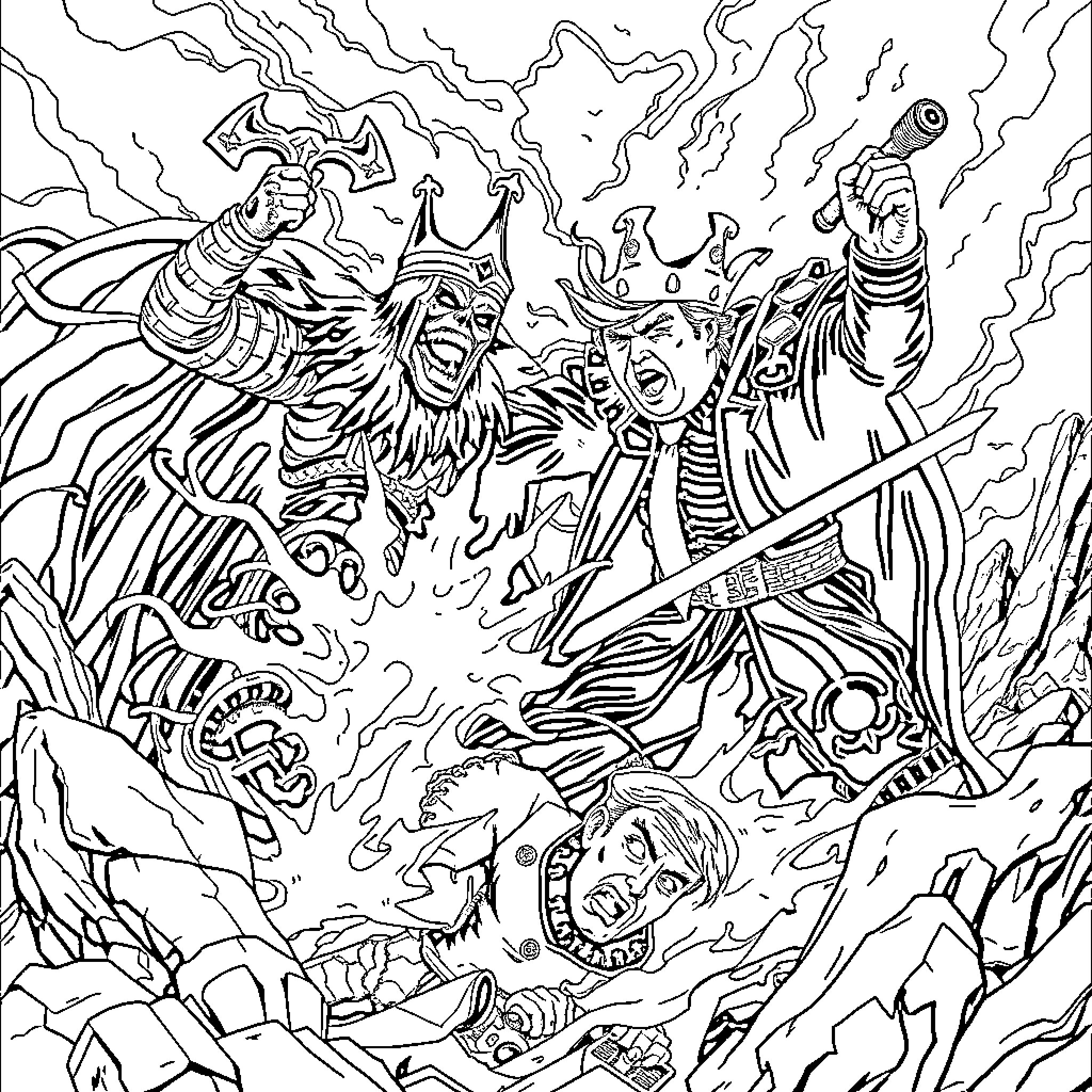Trump's Defiant Clash with Powerful Foes in a Fantastical Battle Coloring Page (free black-and-white line drawing printable PDF for all, from beginners to advanced learners, including children, teens, adults, and seniors)
