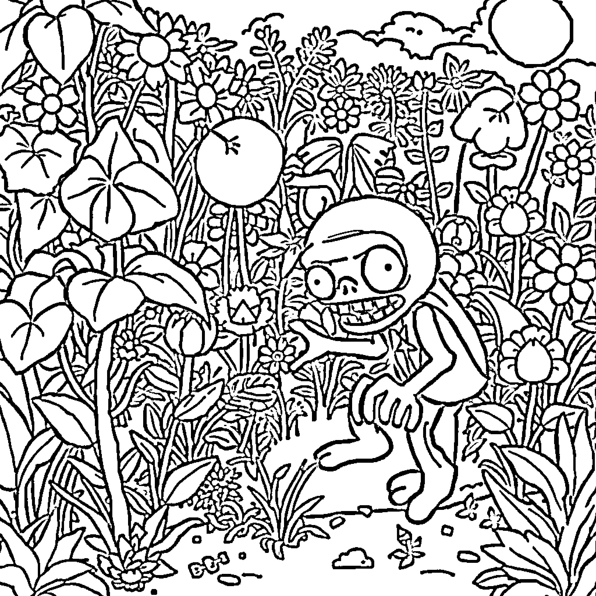 Plants vs. Zombies: Quirky Zombie in Vibrant Garden Coloring Page (free black-and-white line drawing printable PDF for all, from beginners to advanced learners, including children, teens, adults, and seniors)