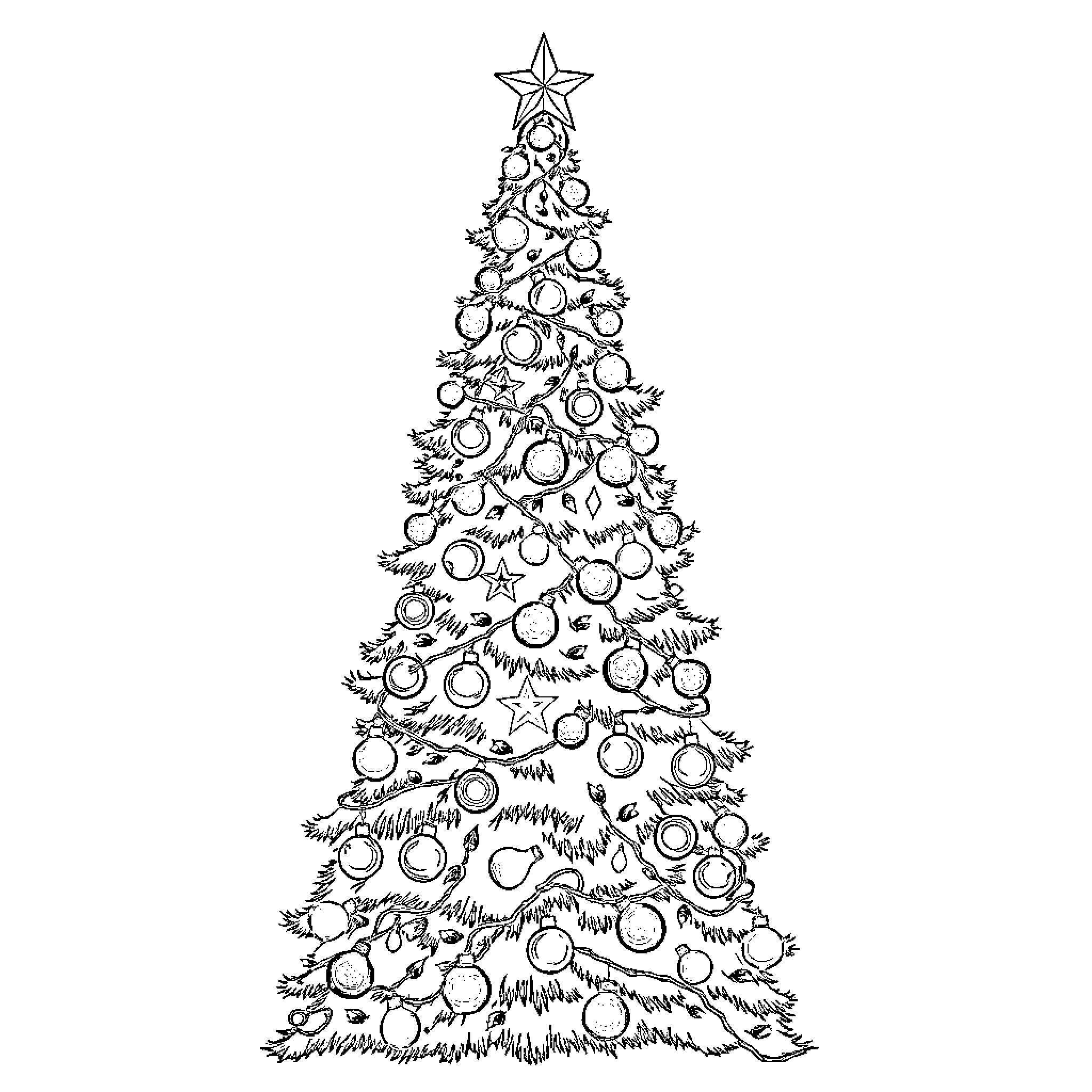 Christmas Tree with Ornaments and Star Coloring Page (free black-and-white line drawing printable PDF for all, from beginners to advanced learners, including children, teens, adults, and seniors)