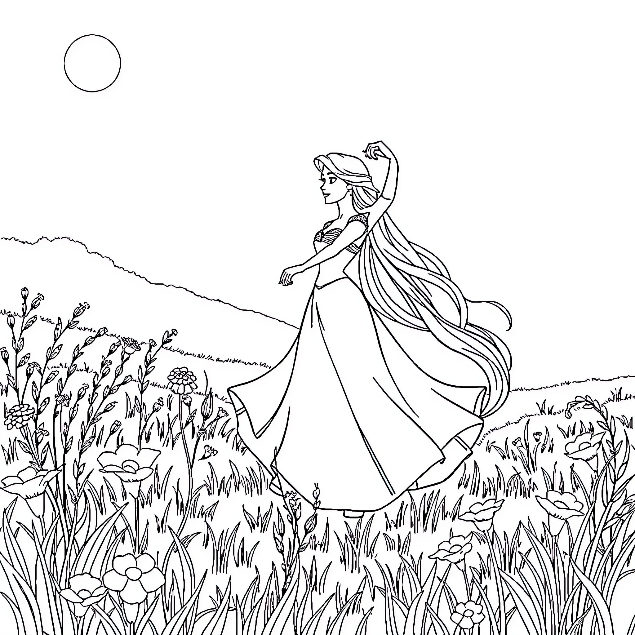 Ariel exploring a lush garden landscape Coloring Page (free black-and-white line drawing printable PDF for all, from beginners to advanced learners, including children, teens, adults, and seniors)