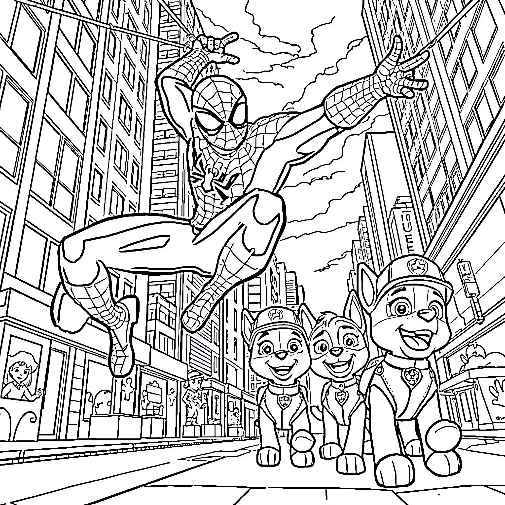 Spiderman swinging through the city with Paw Patrol heroes Coloring Page (free black-and-white line drawing printable PDF for all, from beginners to advanced learners, including children, teens, adults, and seniors)