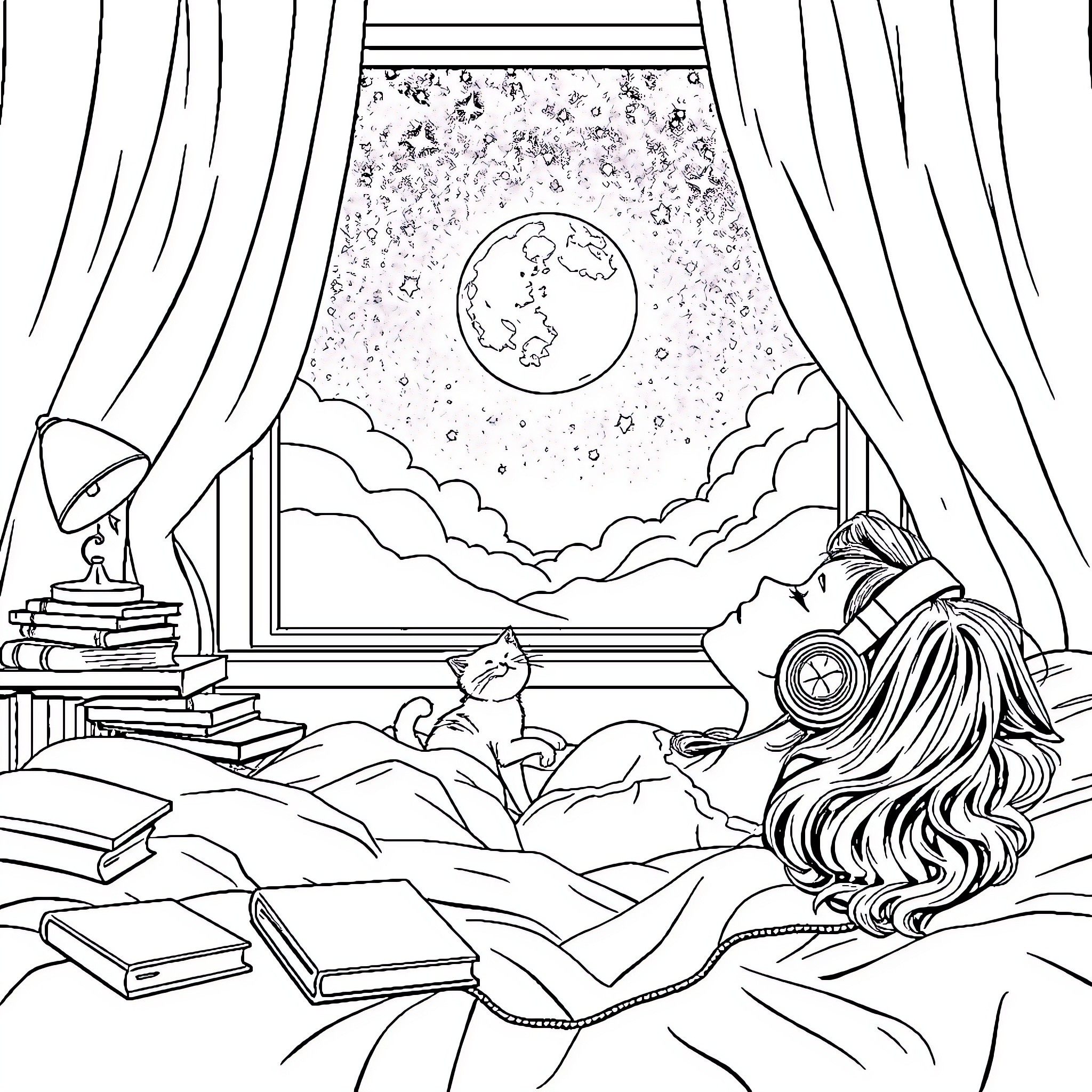 Girl gazing at the starry night through the window Coloring Page (free black-and-white line drawing printable PDF for all, from beginners to advanced learners, including children, teens, adults, and seniors)