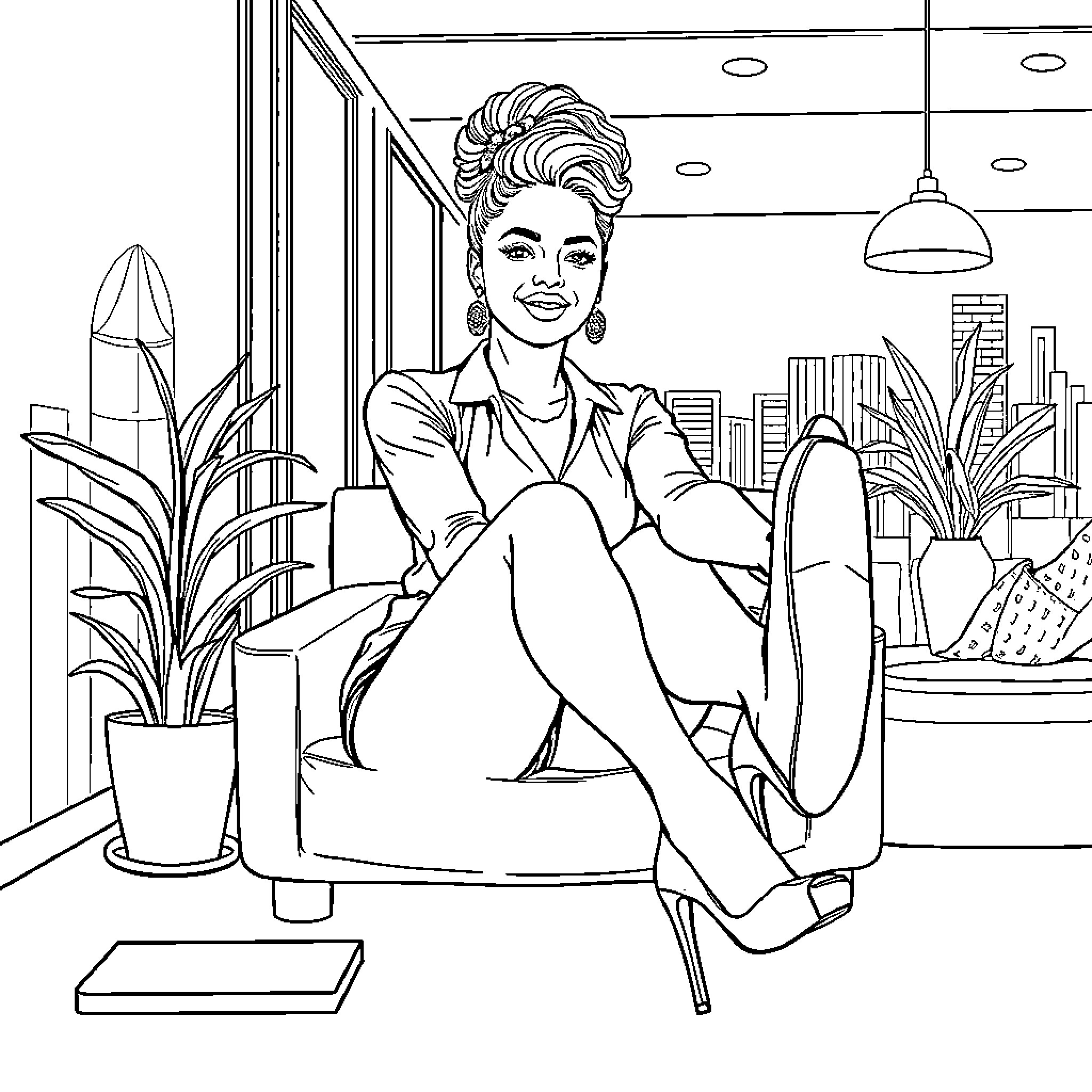 Zendaya posing confidently in an urban setting Coloring Page (free black-and-white line drawing printable PDF for all, from beginners to advanced learners, including children, teens, adults, and seniors)