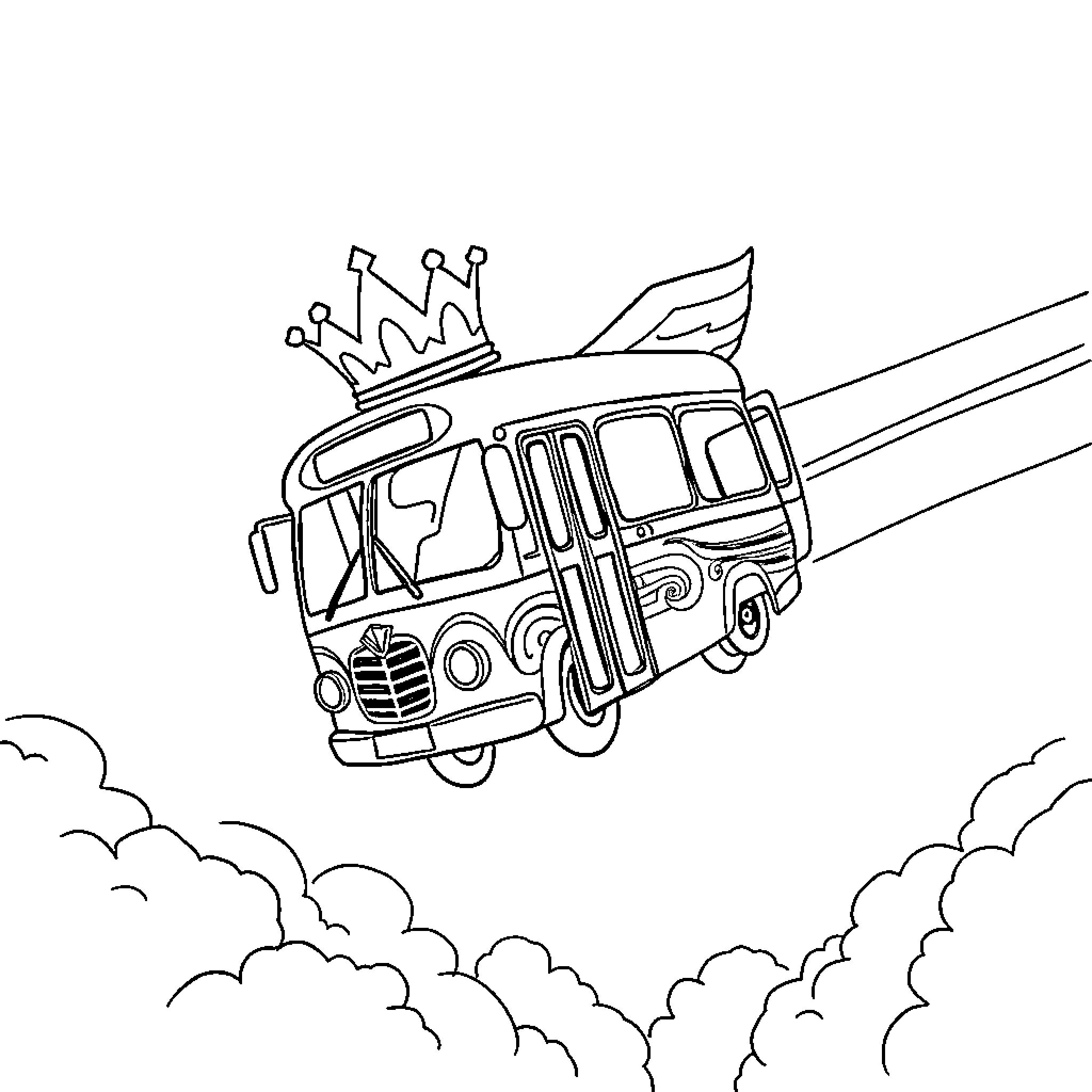 Flying Bus with Crown Soaring Above Clouds Coloring Page (free black-and-white line drawing printable PDF for all, from beginners to advanced learners, including children, teens, adults, and seniors)