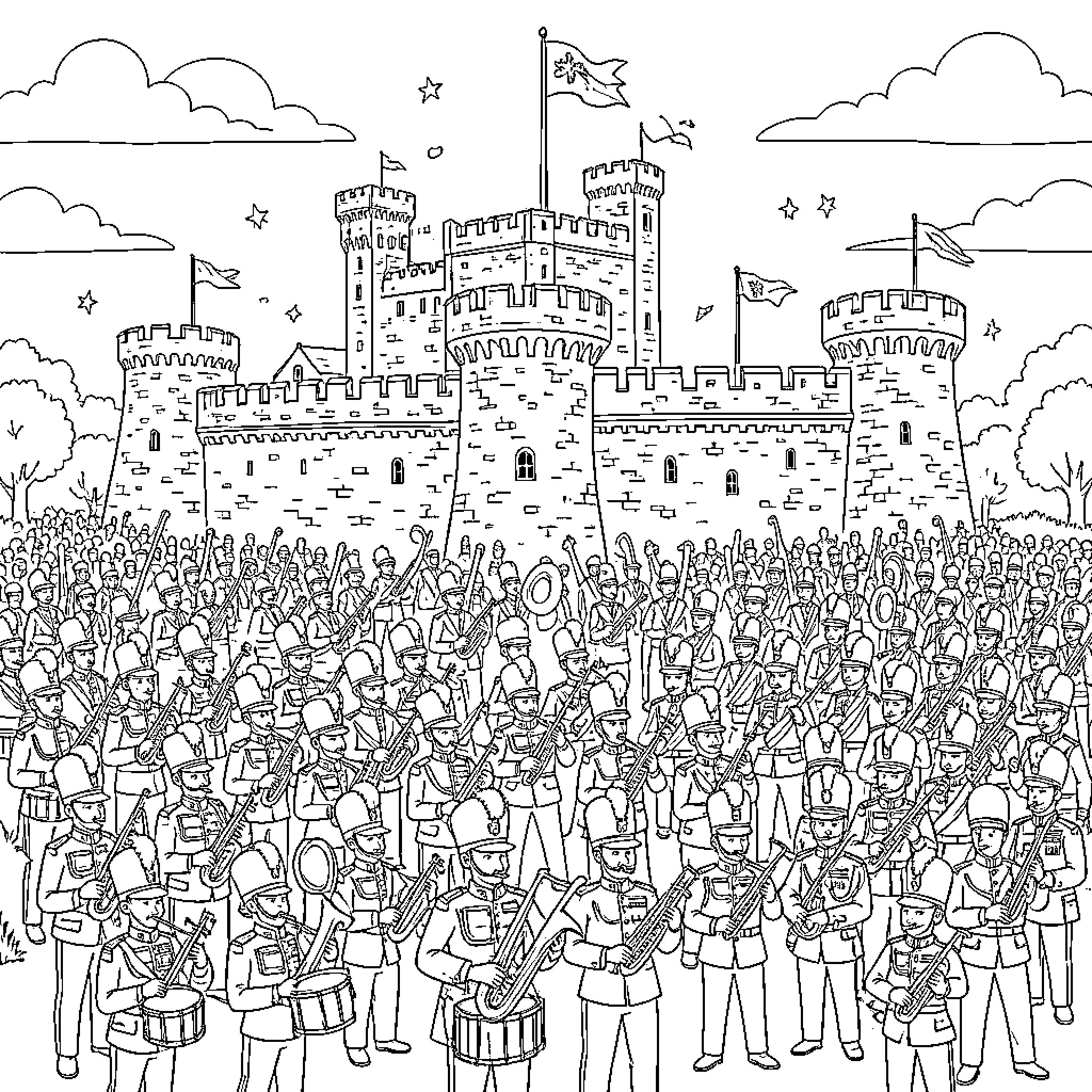 Edinburgh Tattoo featuring a large military band performing Coloring Page (free black-and-white line drawing printable PDF for all, from beginners to advanced learners, including children, teens, adults, and seniors)