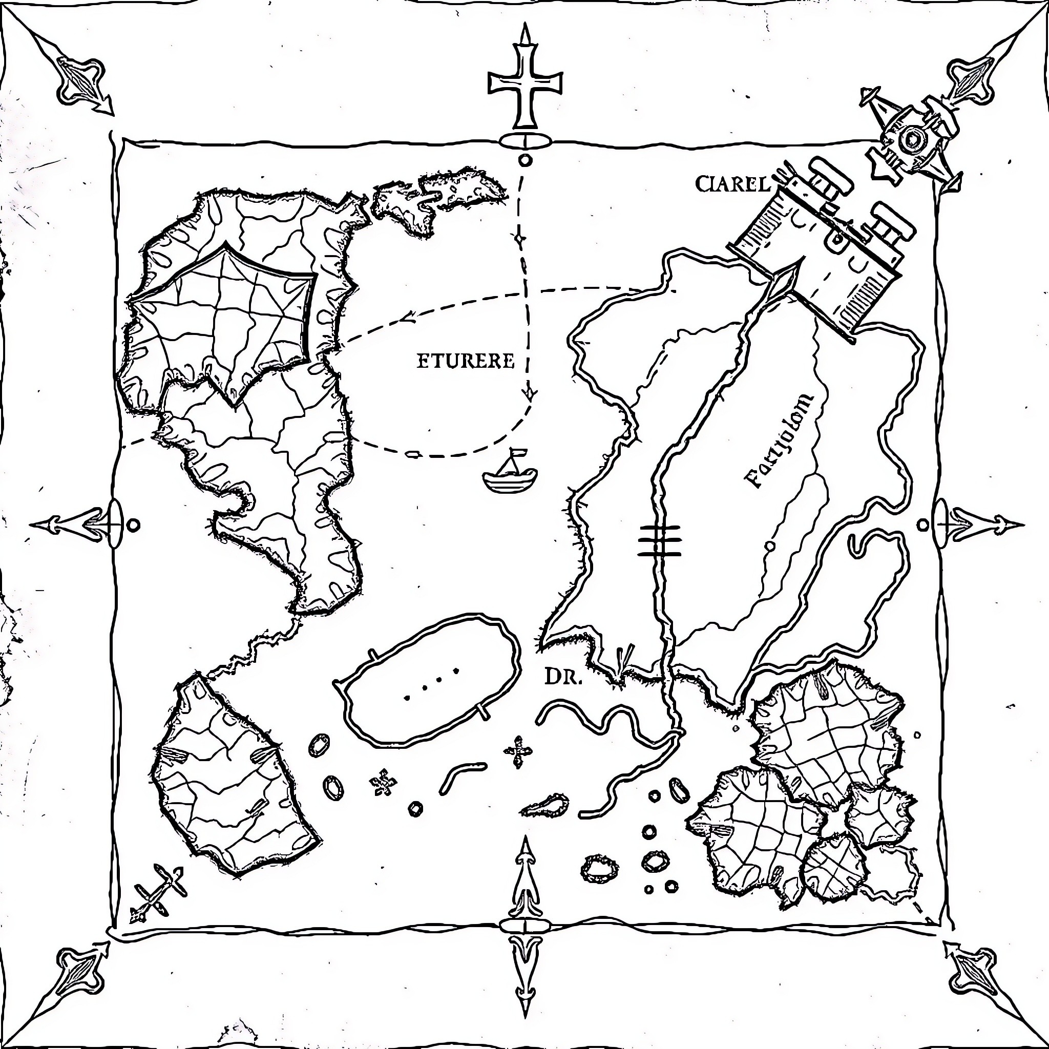 Treasure Map of Mysterious Islands and Landmarks Coloring Page (free black-and-white line drawing printable PDF for all, from beginners to advanced learners, including children, teens, adults, and seniors)
