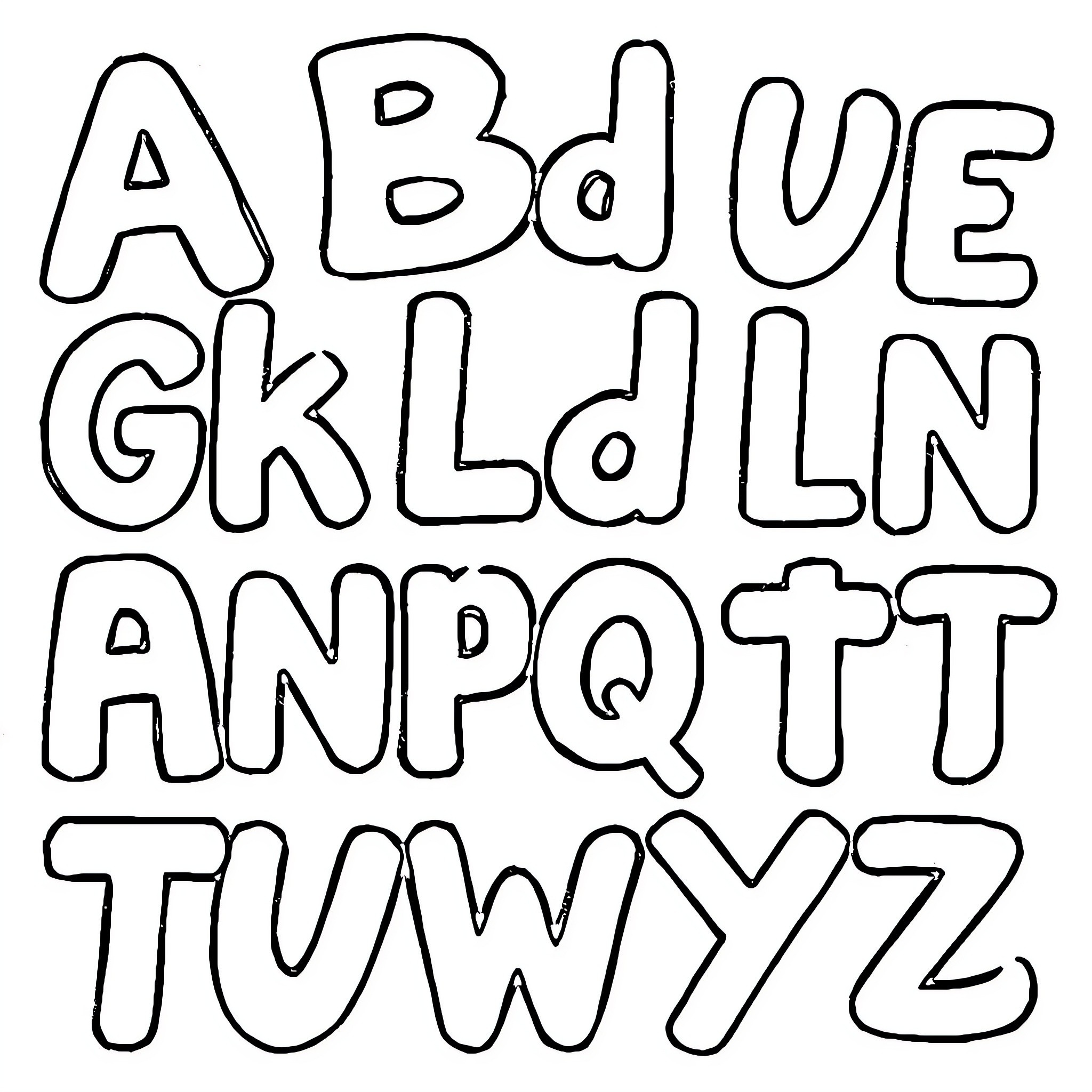 Alphabet stylized letters hand-drawn on a blank background Coloring Page (free black-and-white line drawing printable PDF for all, from beginners to advanced learners, including children, teens, adults, and seniors)