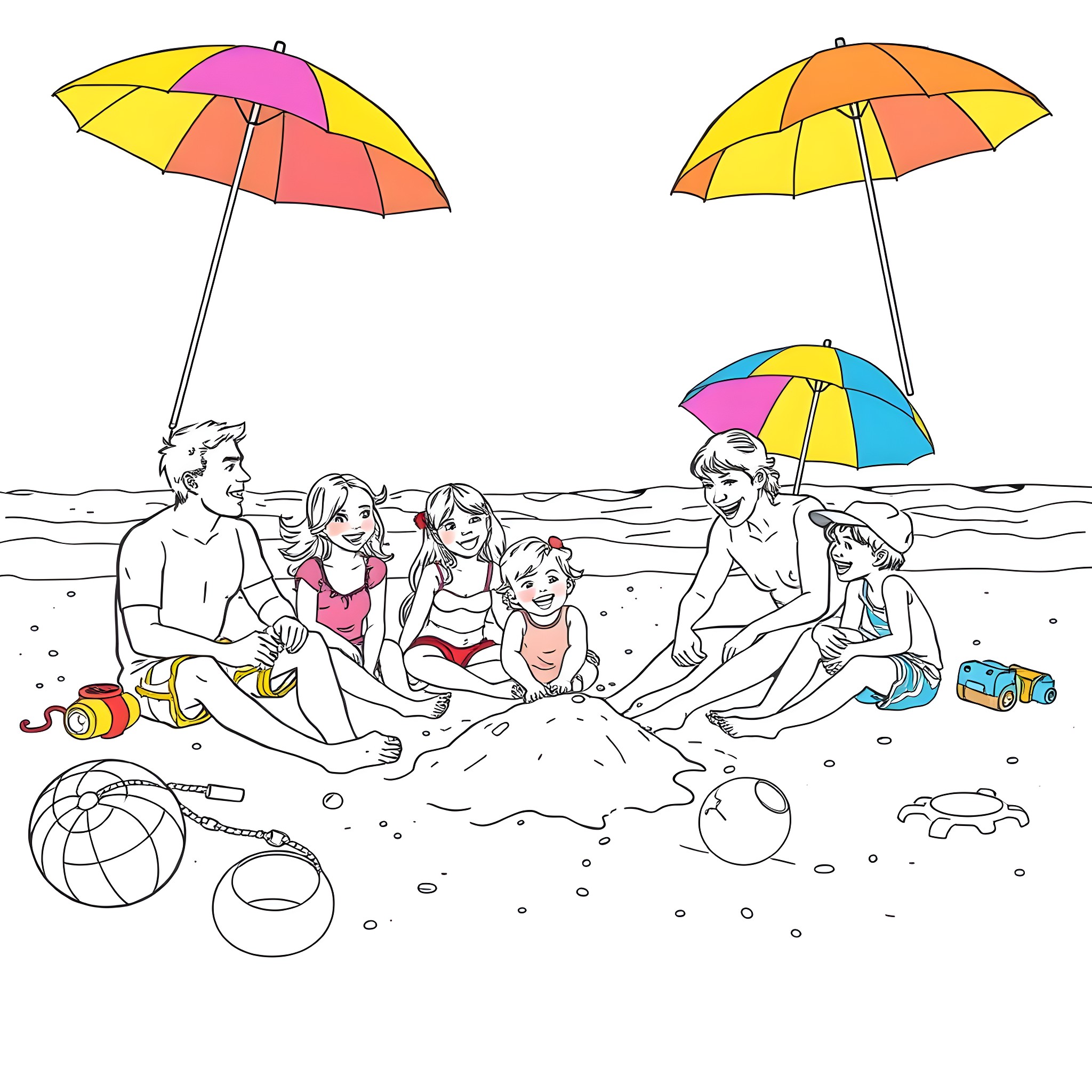 Family enjoying a day at the beach Coloring Page (free black-and-white line drawing printable PDF for all, from beginners to advanced learners, including children, teens, adults, and seniors)