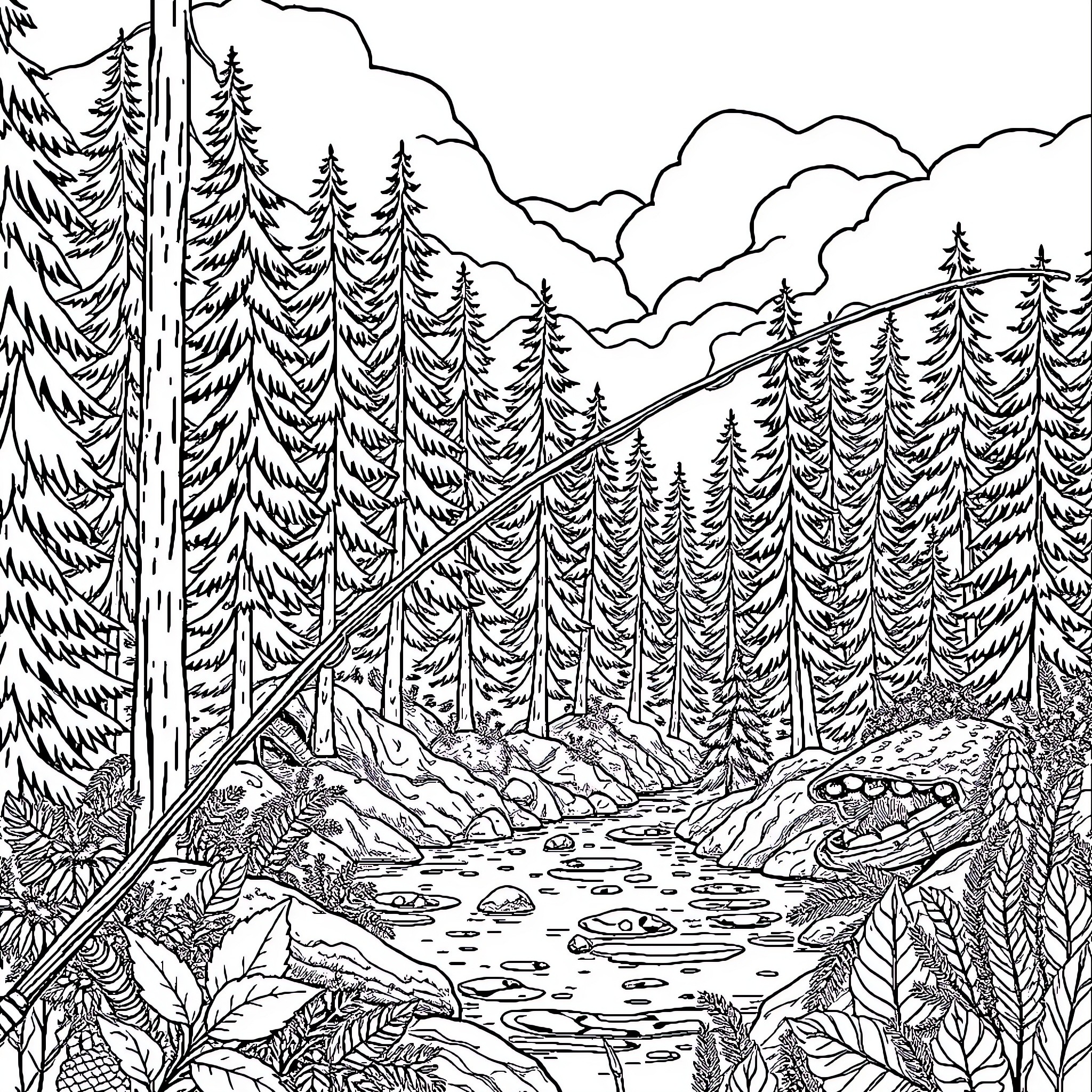 Fishing Rod in Serene Forest Landscape Coloring Page (free black-and-white line drawing printable PDF for all, from beginners to advanced learners, including children, teens, adults, and seniors)