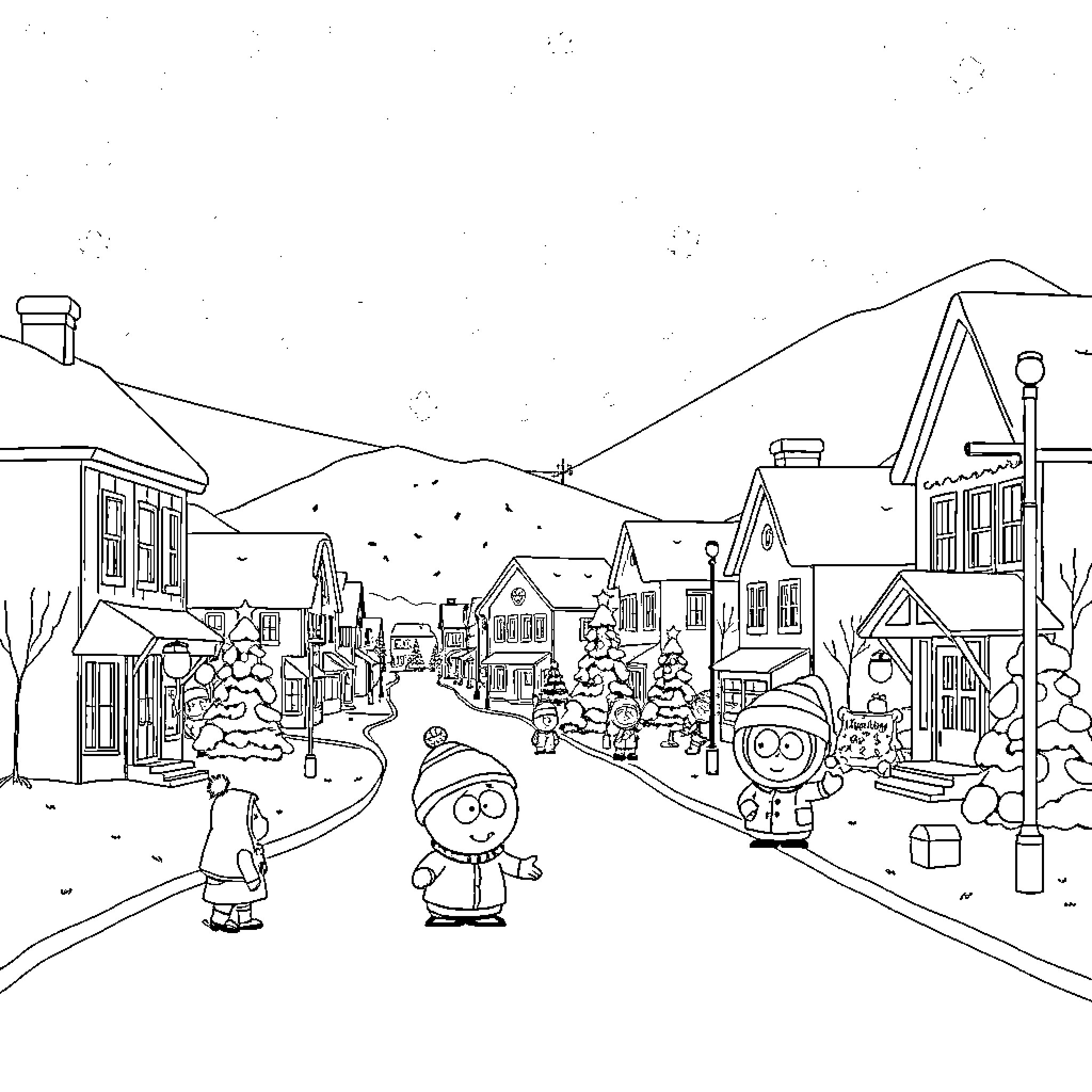 South Park characters in a snowy winter town Coloring Page (free black-and-white line drawing printable PDF for all, from beginners to advanced learners, including children, teens, adults, and seniors)