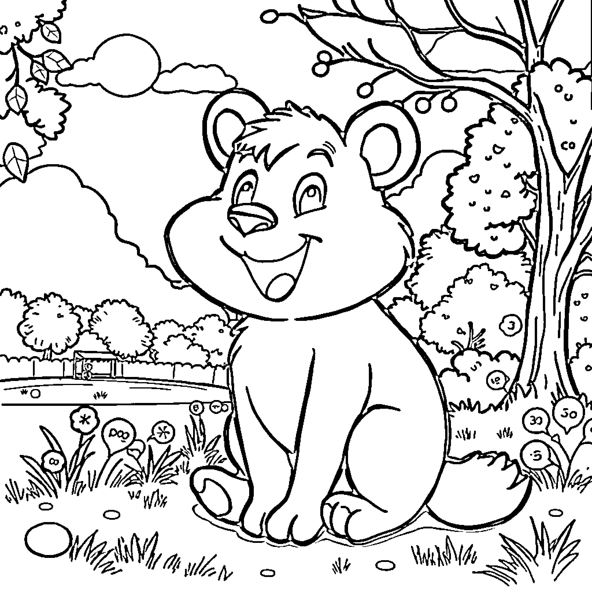 Animal smiling happily in the forest Coloring Page (free black-and-white line drawing printable PDF for all, from beginners to advanced learners, including children, teens, adults, and seniors)