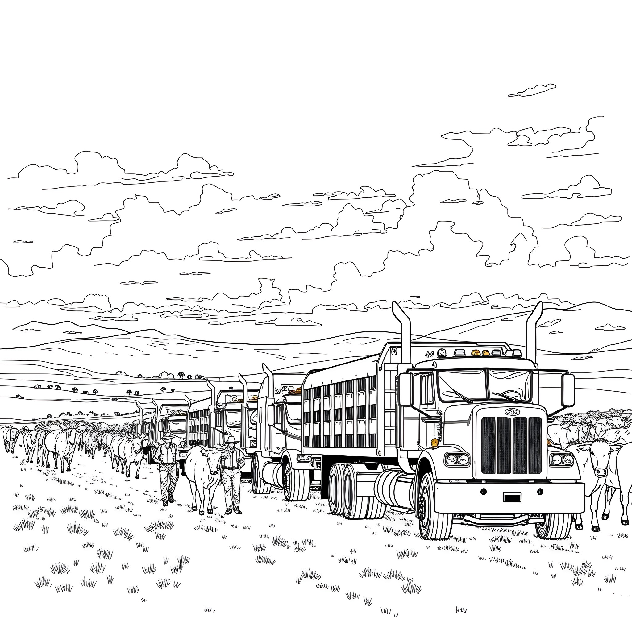 Cattle Hauler transporting livestock across a scenic countryside Coloring Page (free black-and-white line drawing printable PDF for all, from beginners to advanced learners, including children, teens, adults, and seniors)