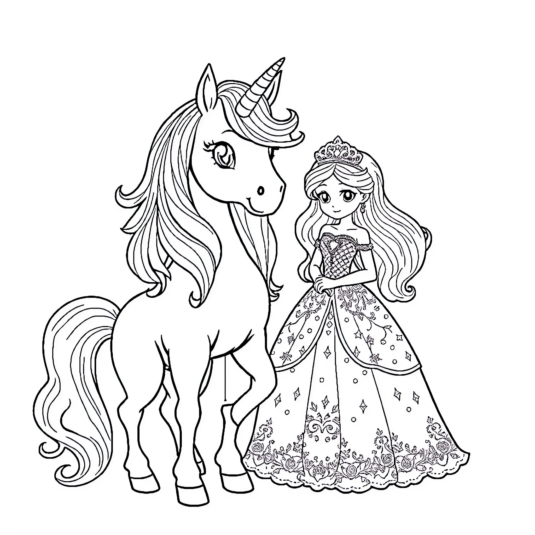 Unicorn and princess in magical dress Coloring Page (free black-and-white line drawing printable PDF for all, from beginners to advanced learners, including children, teens, adults, and seniors)