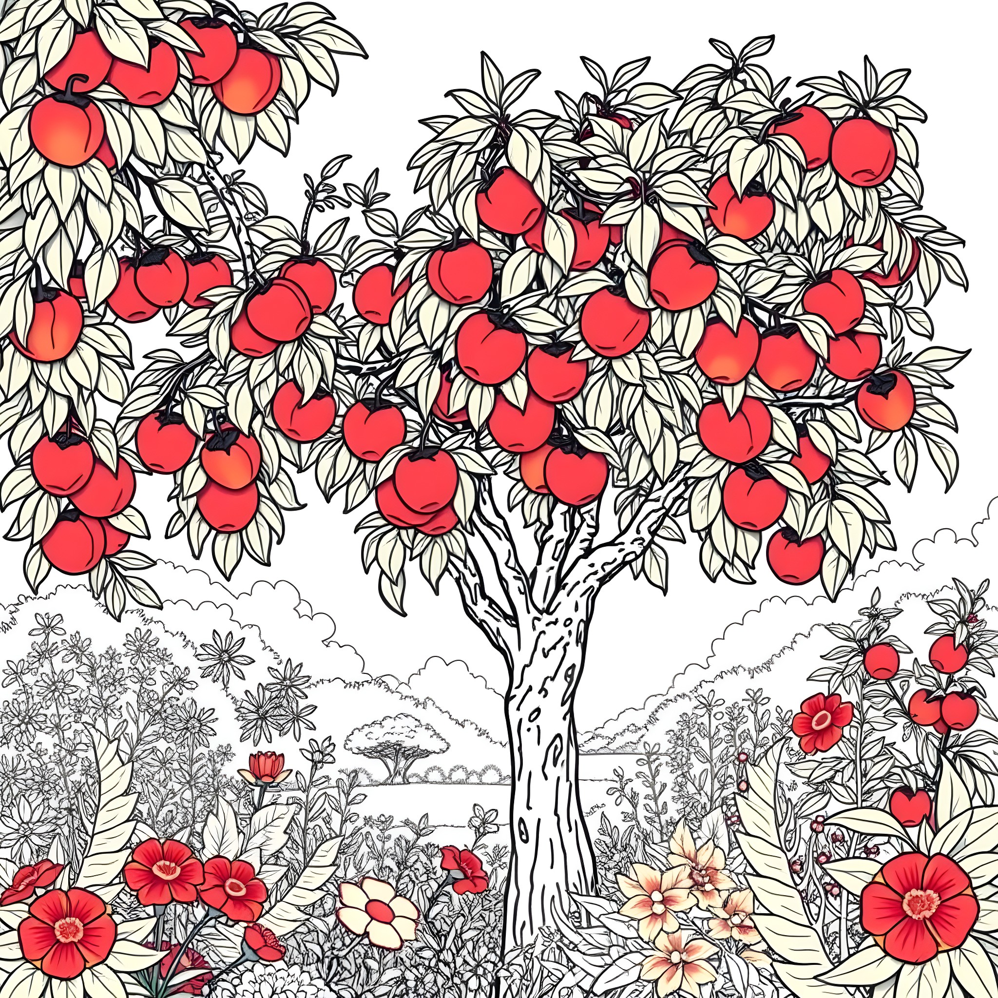 Apricot Tree Blossoming in Lush Garden Coloring Page (free black-and-white line drawing printable PDF for all, from beginners to advanced learners, including children, teens, adults, and seniors)