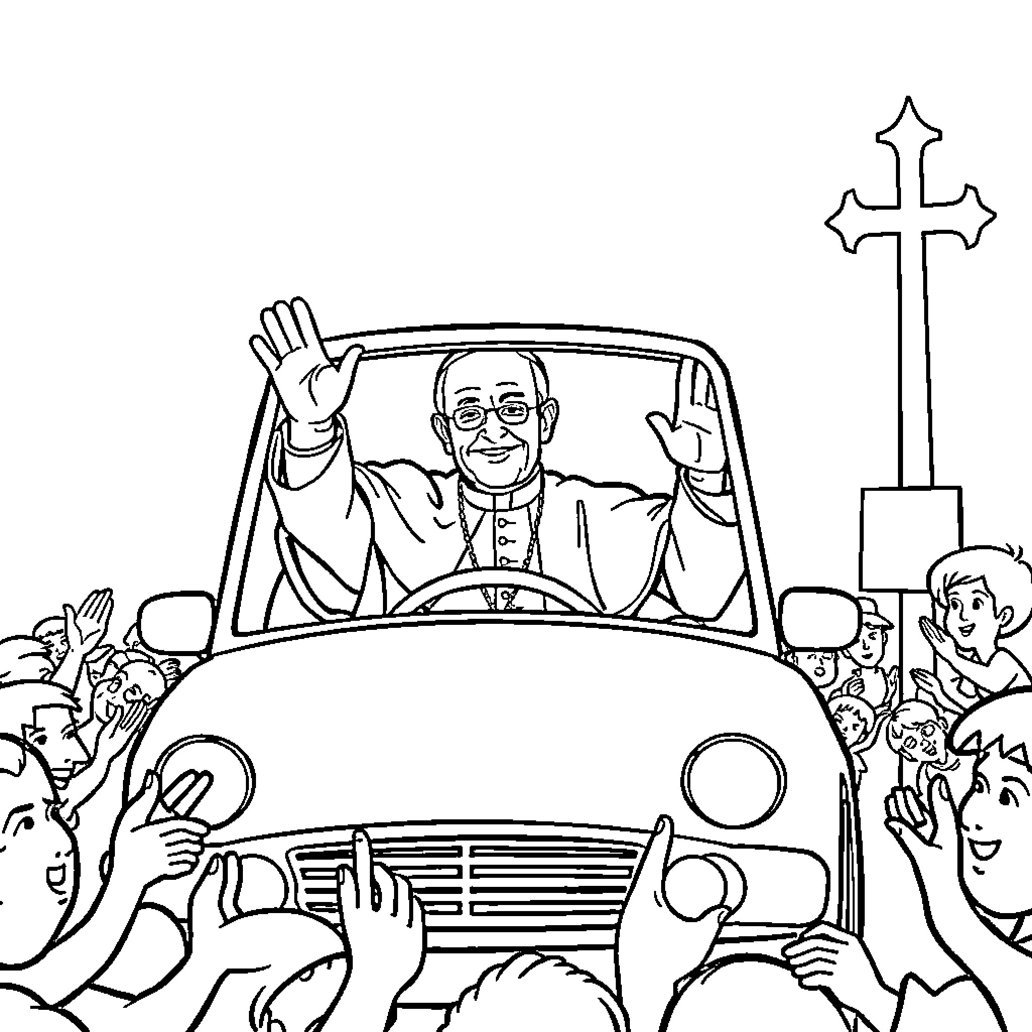 Pope waving from vehicle amid cheering crowd Coloring Page (free black-and-white line drawing printable PDF for all, from beginners to advanced learners, including children, teens, adults, and seniors)