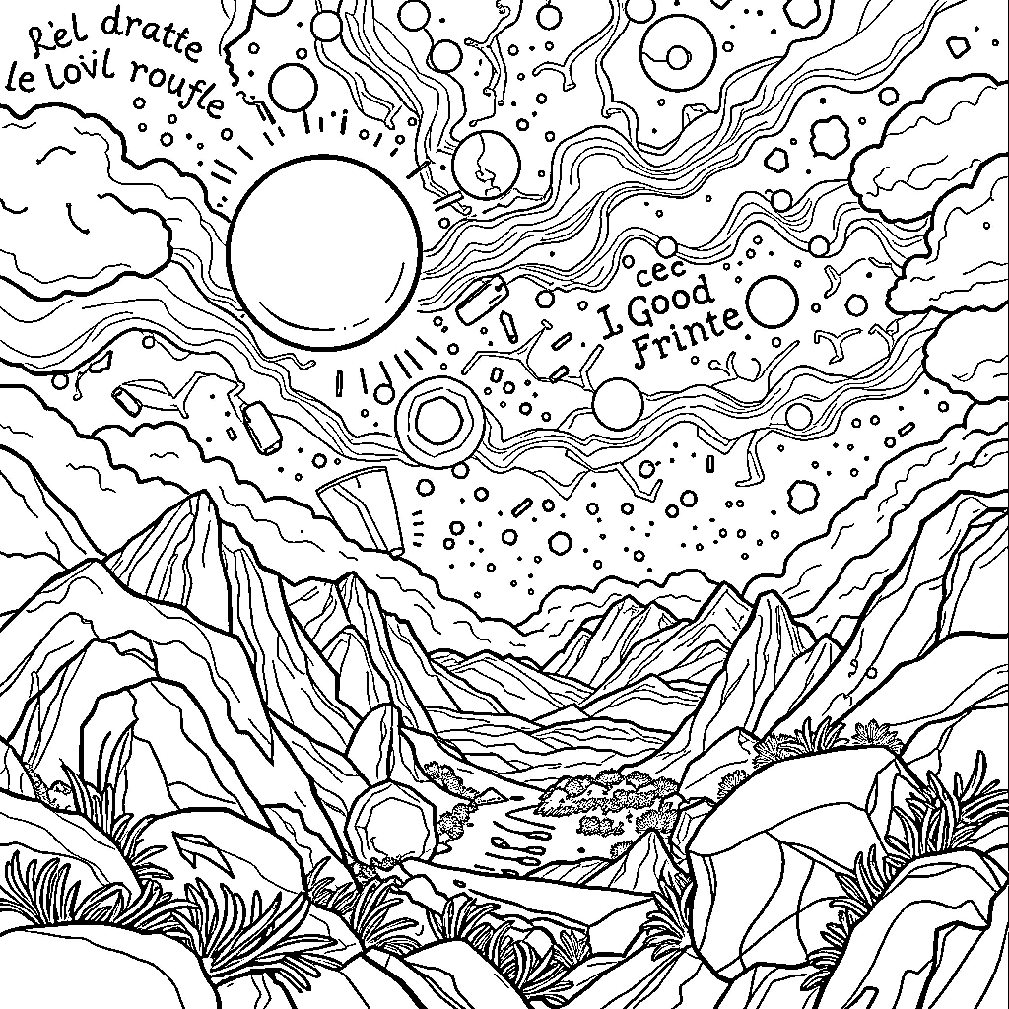 Creation of a Fantastical Landscape Coloring Page (free black-and-white line drawing printable PDF for all, from beginners to advanced learners, including children, teens, adults, and seniors)