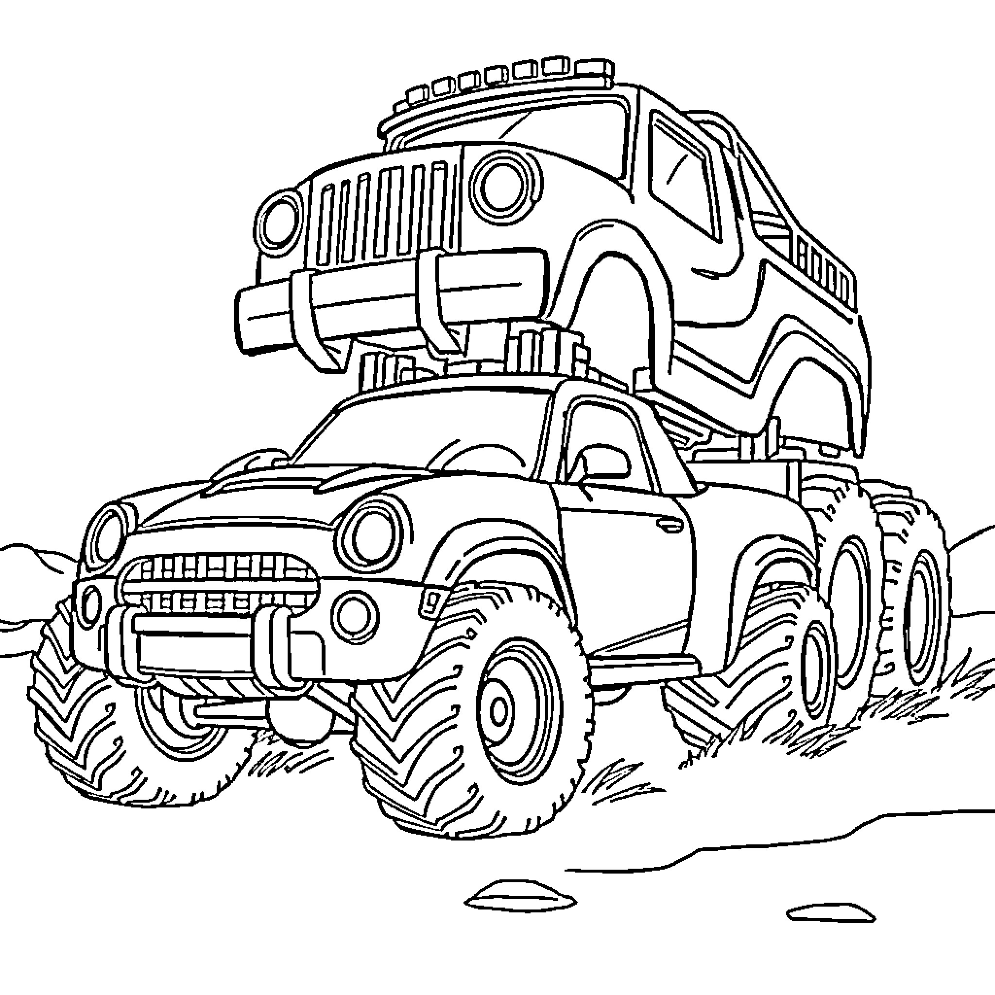 Monster Car Adventuring Through Rugged Terrain Coloring Page (free black-and-white line drawing printable PDF for all, from beginners to advanced learners, including children, teens, adults, and seniors)