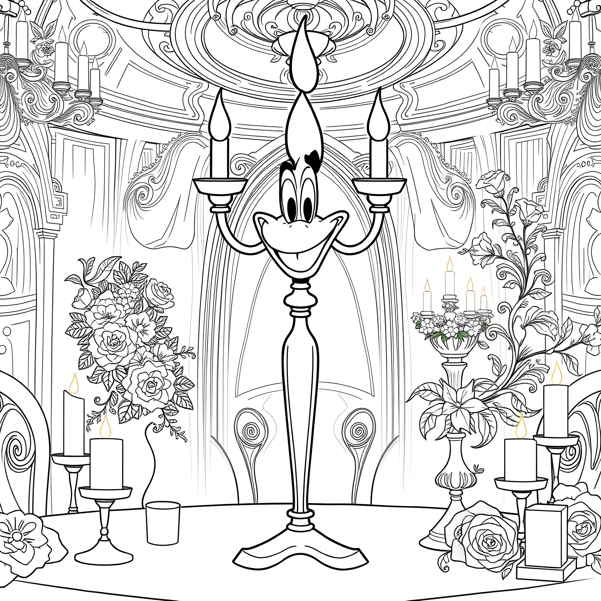 Lumiere's Ornate Candlestick in a Regal Chamber Coloring Page (free black-and-white line drawing printable PDF for all, from beginners to advanced learners, including children, teens, adults, and seniors)