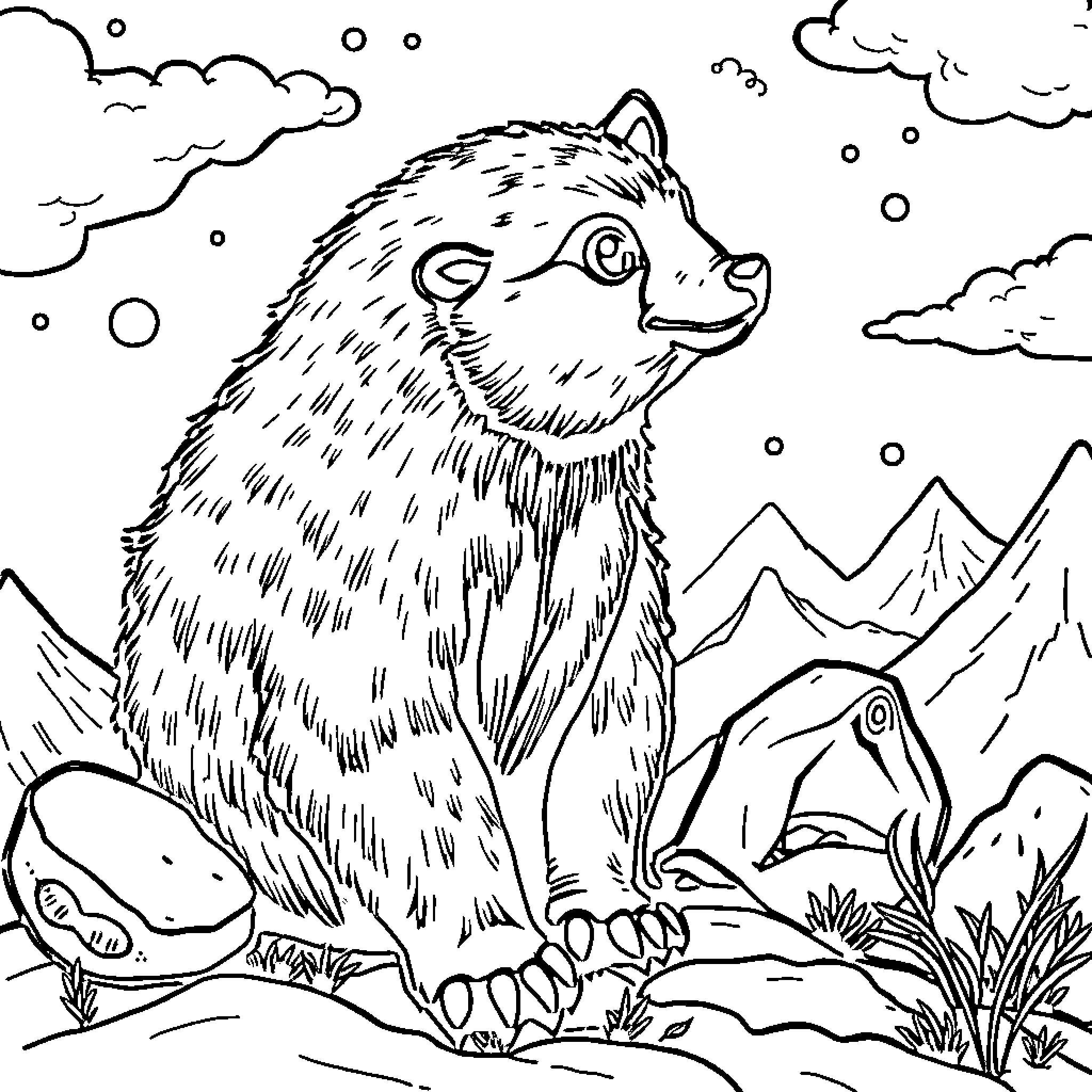 Snowmobile in snowy winter landscape with animal figures Coloring Page (free black-and-white line drawing printable PDF for all, from beginners to advanced learners, including children, teens, adults, and seniors)