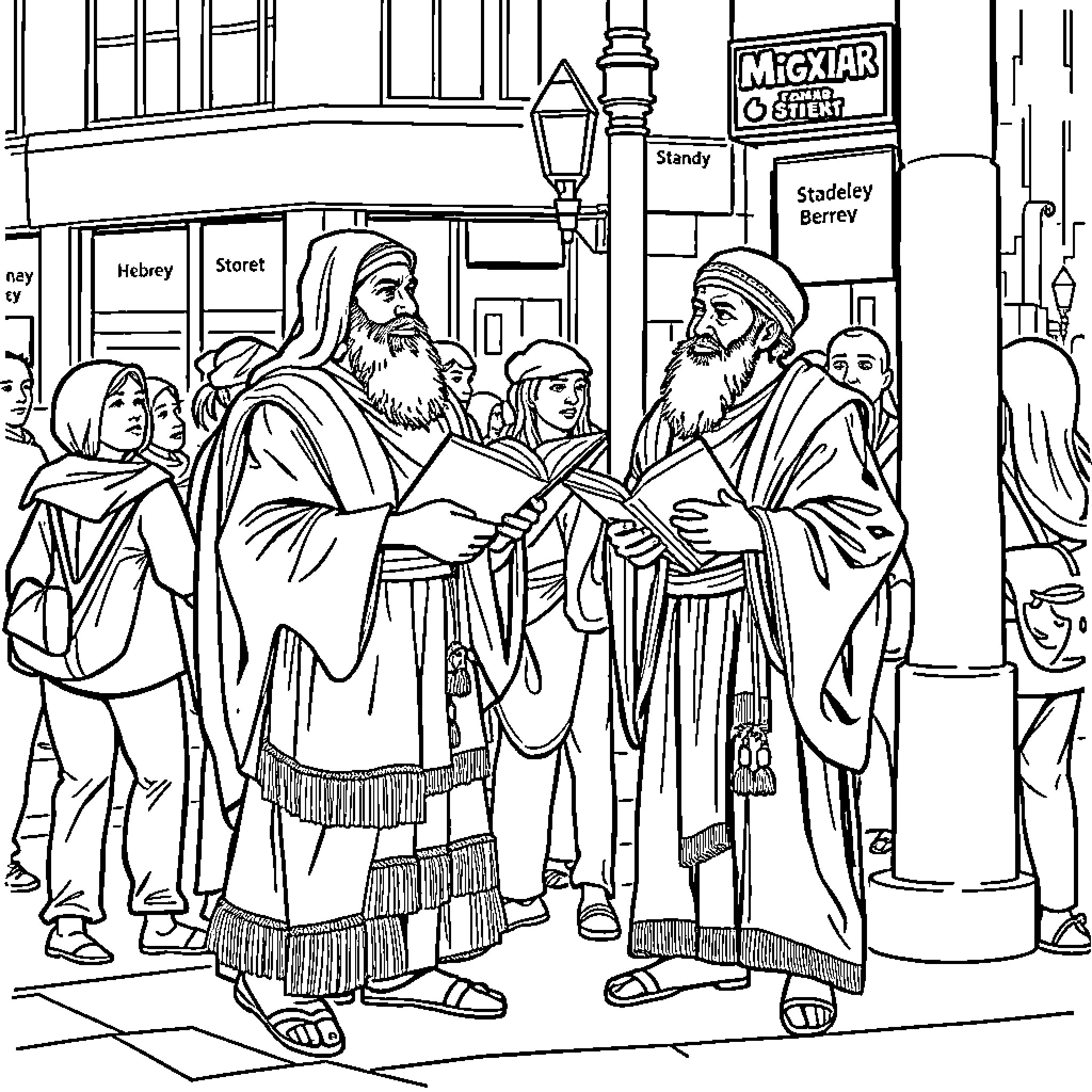 Hebrew Israelite community gathering in the city Coloring Page (free black-and-white line drawing printable PDF for all, from beginners to advanced learners, including children, teens, adults, and seniors)
