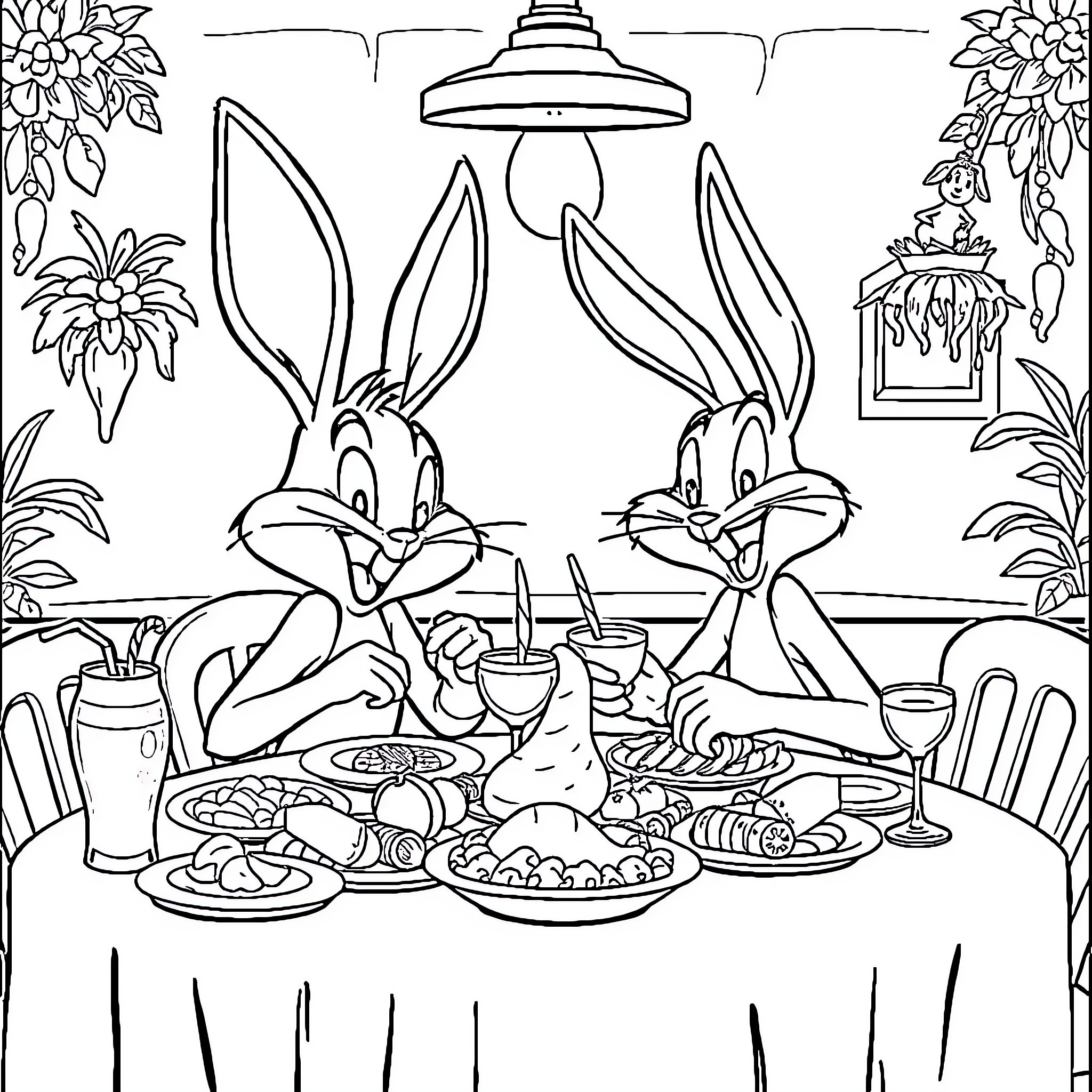 Rabbit friends enjoying a festive meal together Coloring Page (free black-and-white line drawing printable PDF for all, from beginners to advanced learners, including children, teens, adults, and seniors)
