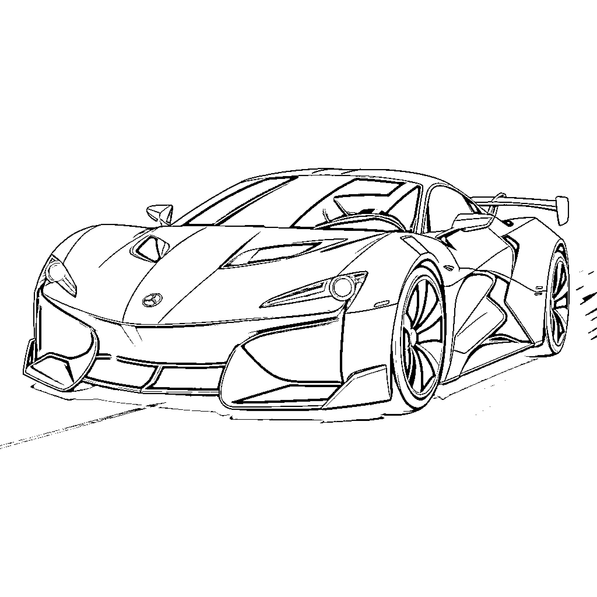 Futuristic Car in High-Speed Action Coloring Page (free black-and-white line drawing printable PDF for all, from beginners to advanced learners, including children, teens, adults, and seniors)