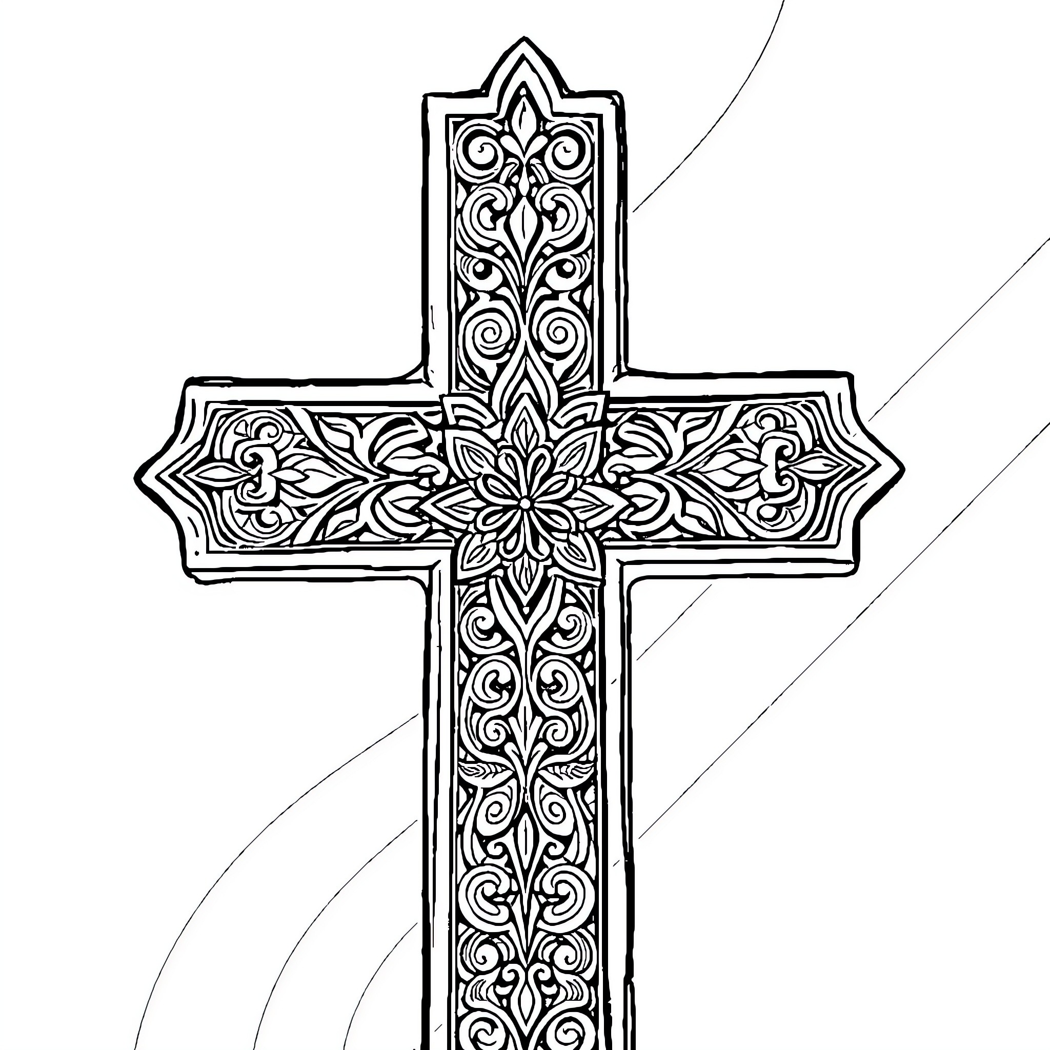 Cross with intricate floral patterns Coloring Page (free black-and-white line drawing printable PDF for all, from beginners to advanced learners, including children, teens, adults, and seniors)