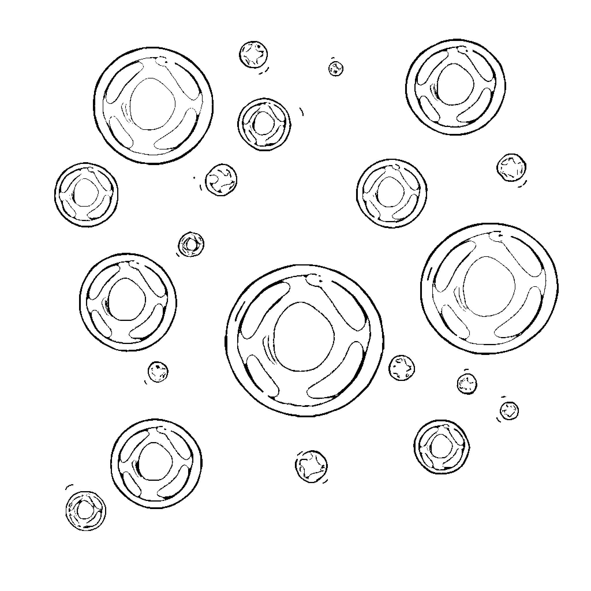 Bubble Rings and Spheres Floating in the Air Coloring Page (free black-and-white line drawing printable PDF for all, from beginners to advanced learners, including children, teens, adults, and seniors)
