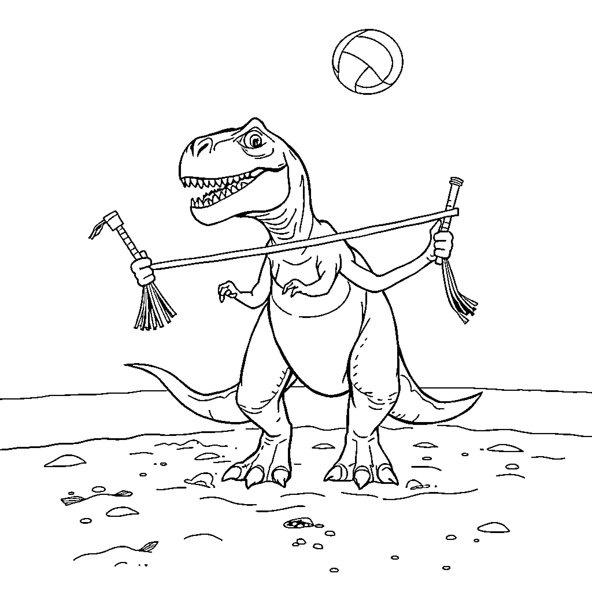 T-Rex Sweeping the Beach with Broom Coloring Page (free black-and-white line drawing printable PDF for all, from beginners to advanced learners, including children, teens, adults, and seniors)