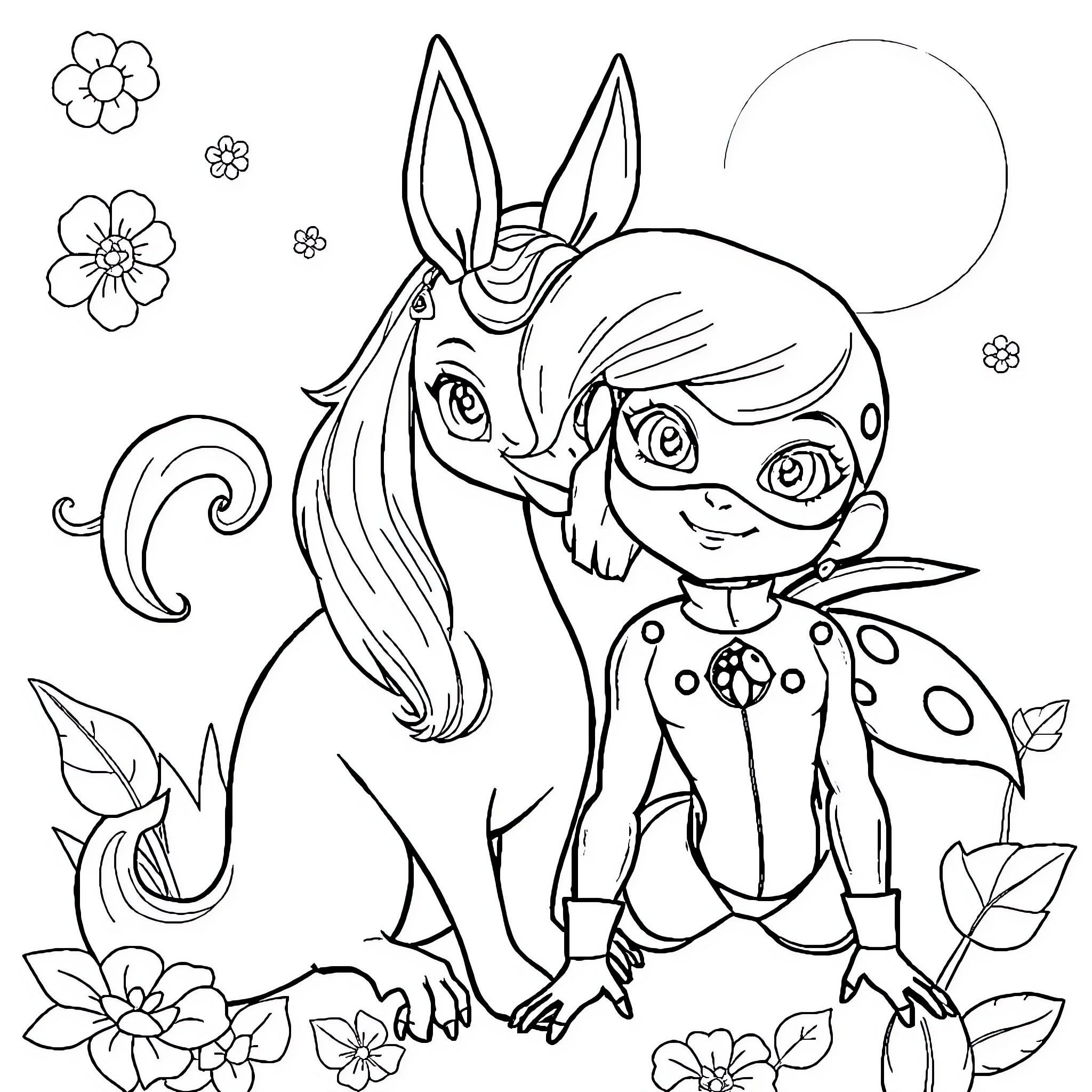 Unicorn and fairy friend in floral meadow Coloring Page (free black-and-white line drawing printable PDF for all, from beginners to advanced learners, including children, teens, adults, and seniors)