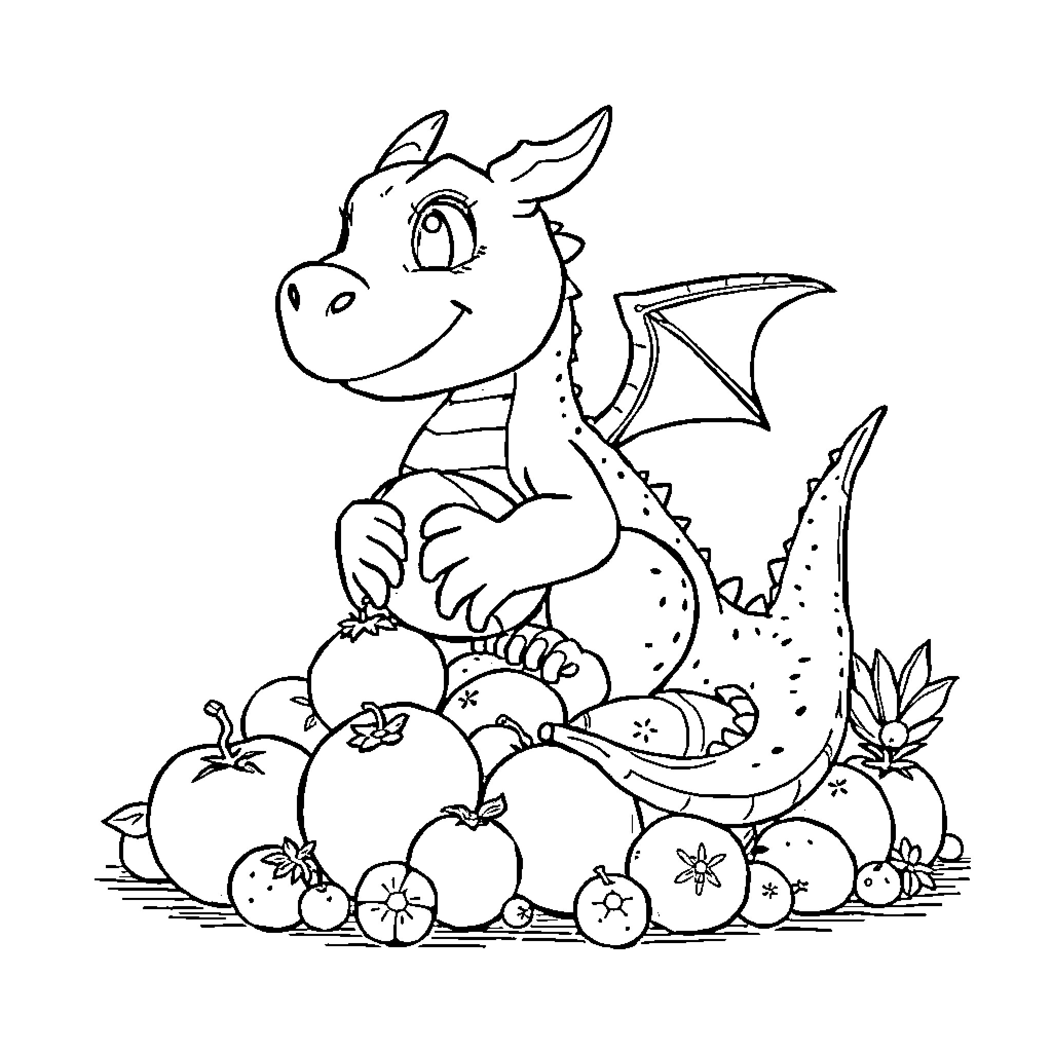 Dragon resting on a pile of fruits Coloring Page (free black-and-white line drawing printable PDF for all, from beginners to advanced learners, including children, teens, adults, and seniors)