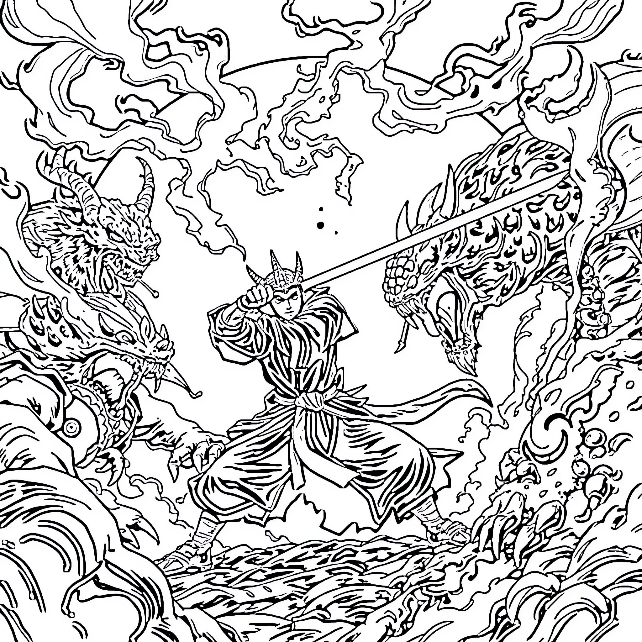 Obanai's Ferocious Demon Encounter Coloring Page (free black-and-white line drawing printable PDF for all, from beginners to advanced learners, including children, teens, adults, and seniors)