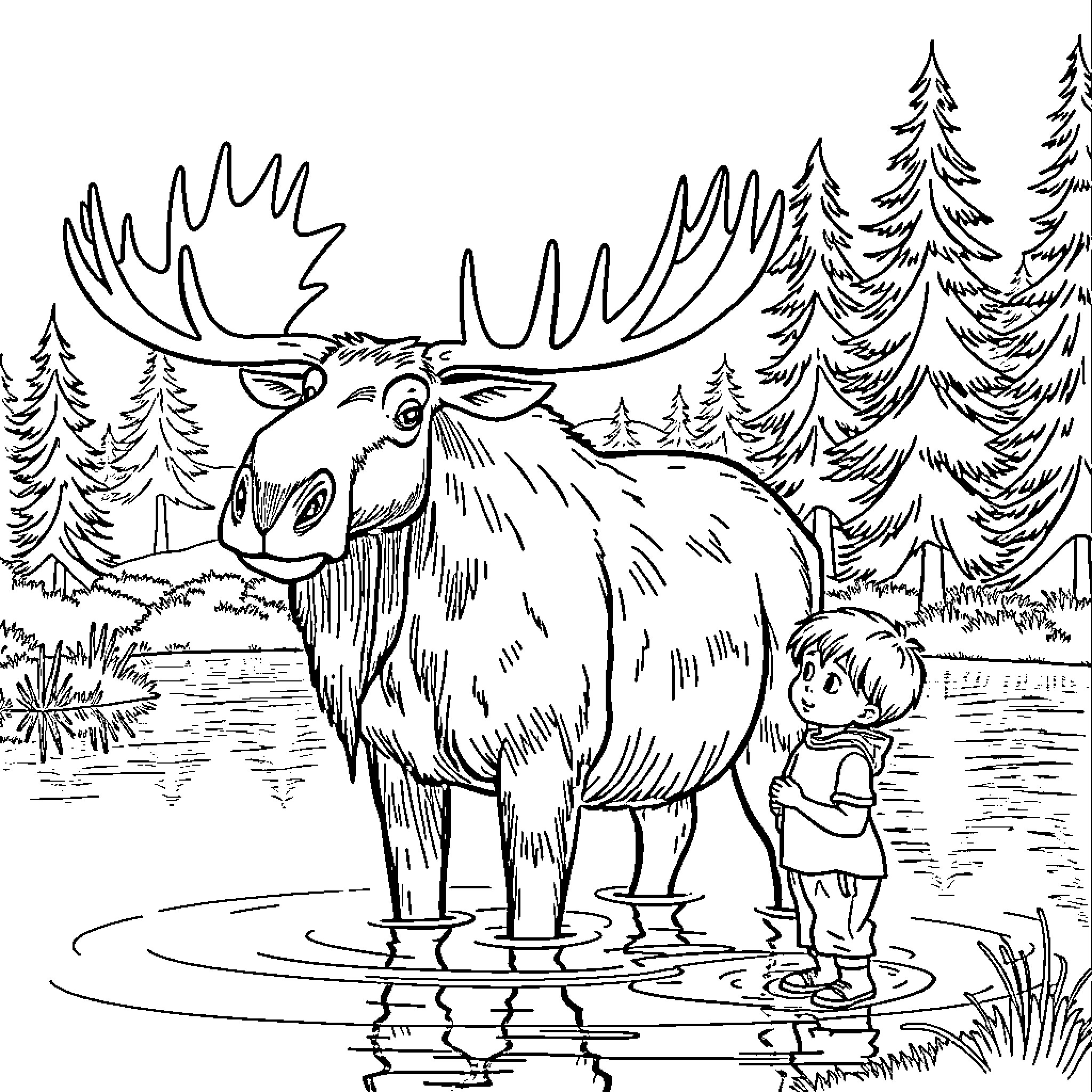 Moose standing proudly in the forest Coloring Page (free black-and-white line drawing printable PDF for all, from beginners to advanced learners, including children, teens, adults, and seniors)