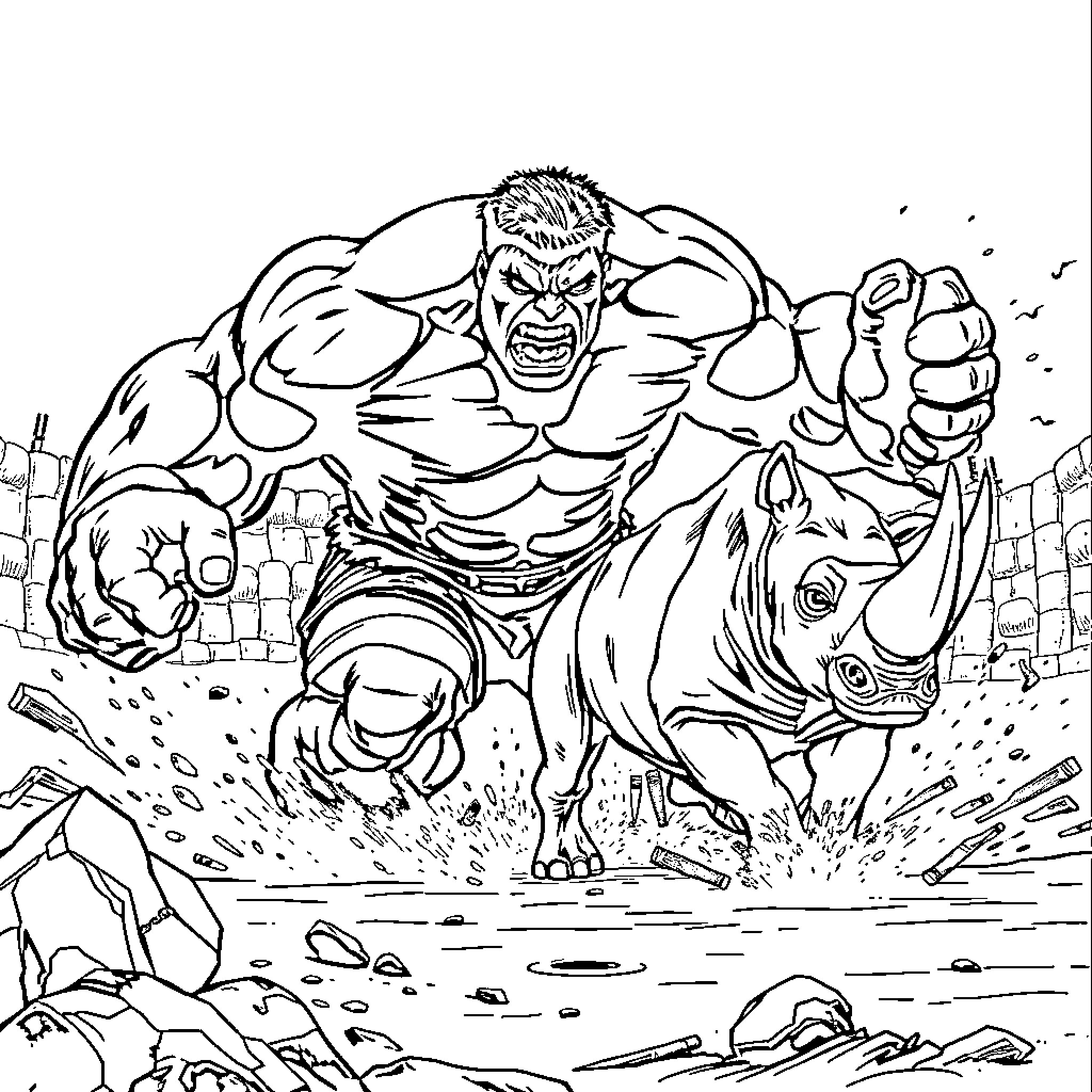 Hulk rampaging through a city in fury Coloring Page (free black-and-white line drawing printable PDF for all, from beginners to advanced learners, including children, teens, adults, and seniors)