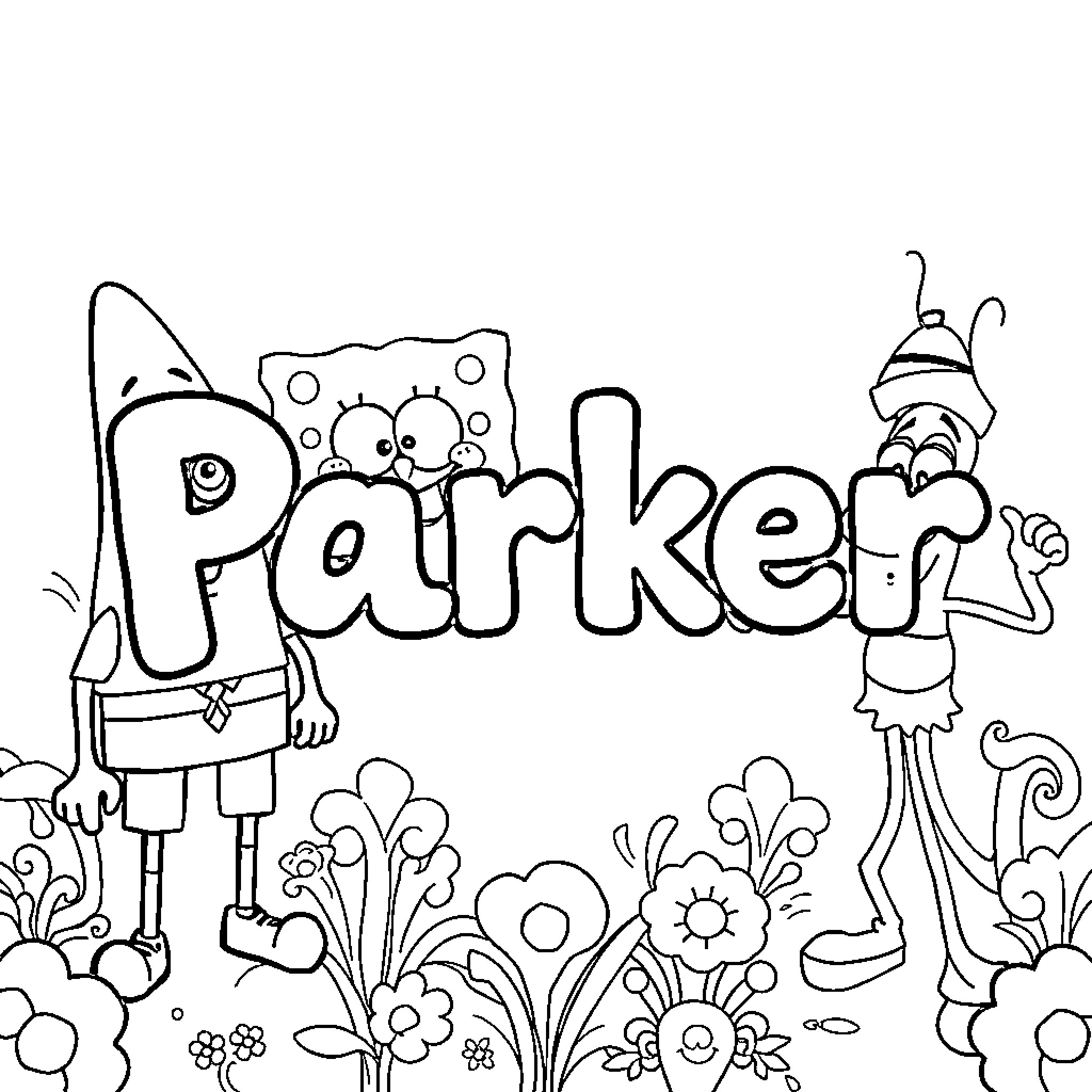 Parker's Whimsical Adventures in a Flowery Land Coloring Page (free black-and-white line drawing printable PDF for all, from beginners to advanced learners, including children, teens, adults, and seniors)