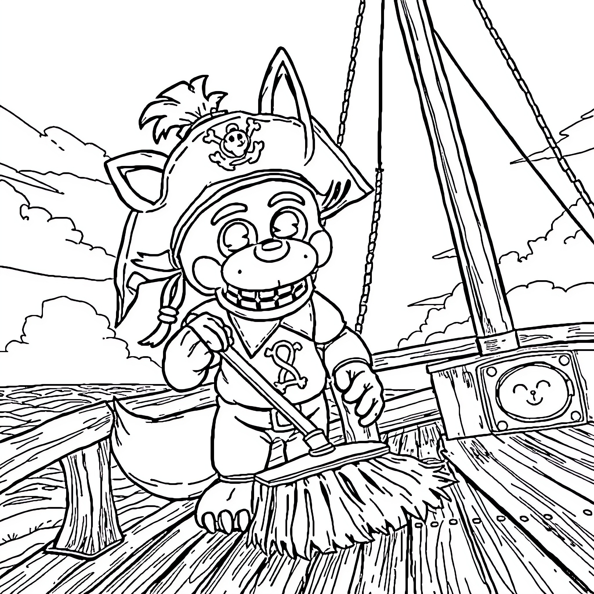 Foxy Pirate Sweeping the Deck on a Sailing Ship Coloring Page (free black-and-white line drawing printable PDF for all, from beginners to advanced learners, including children, teens, adults, and seniors)